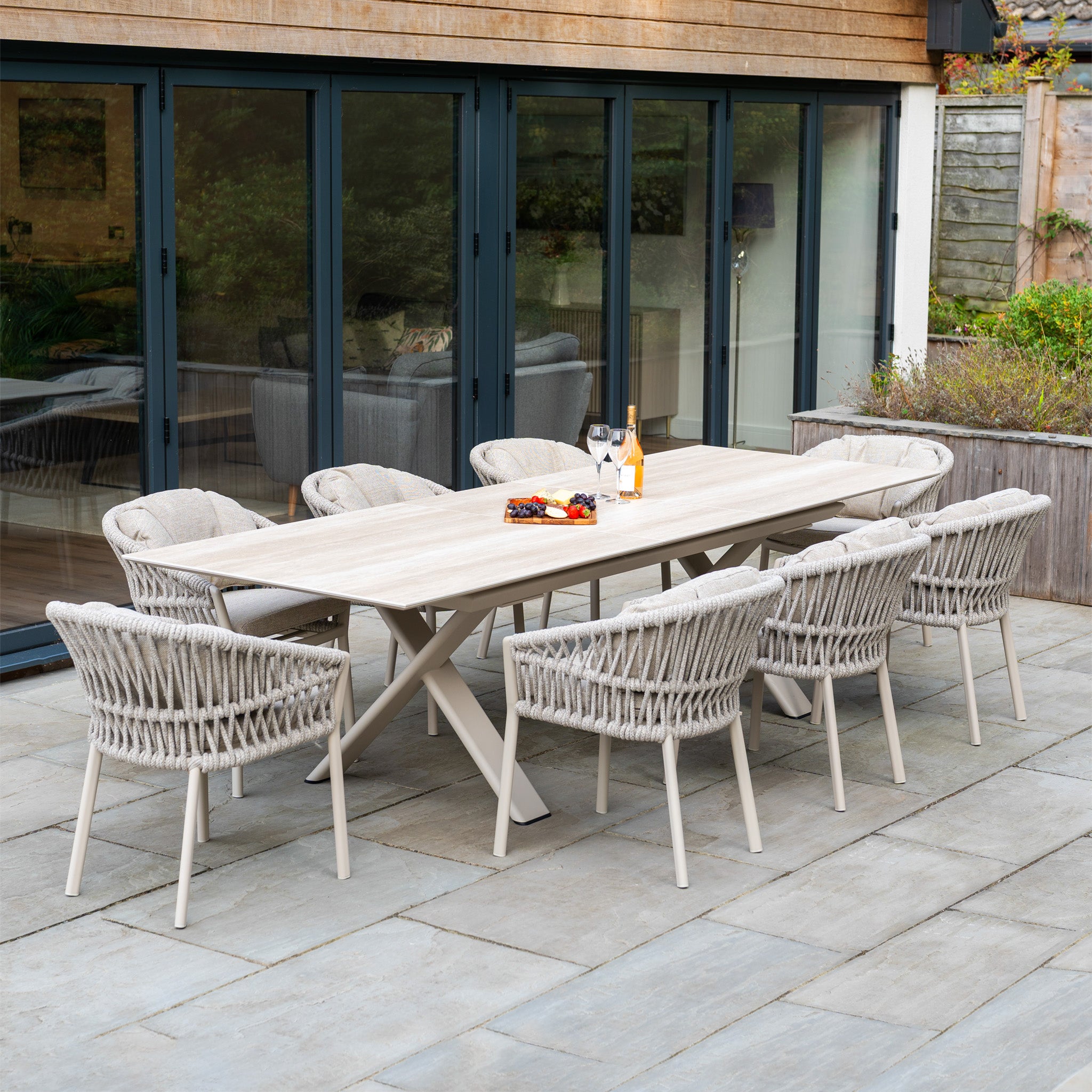 Pello 8 Seat Dining Set with Albatross Extending Table in Fawn