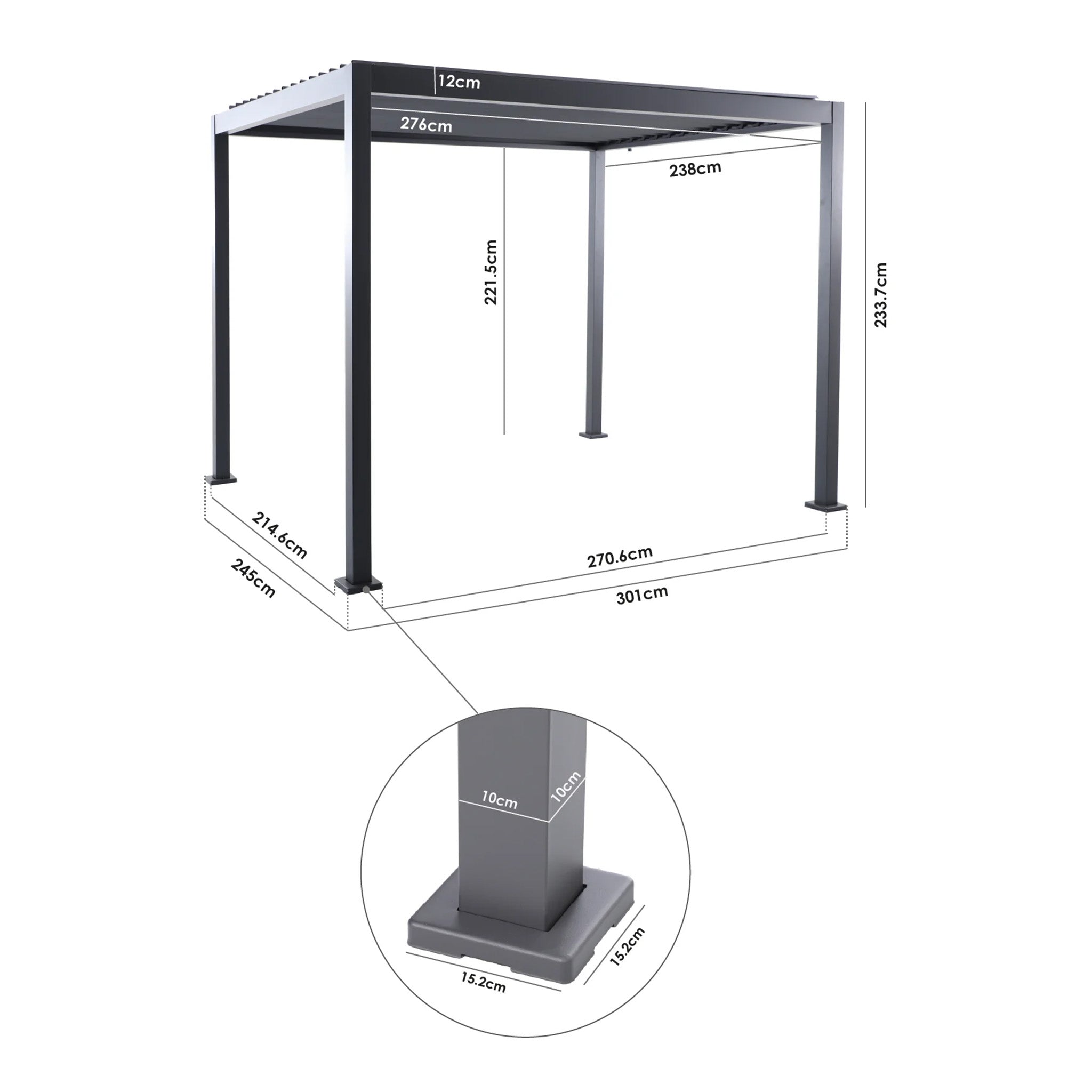 PergoSTET Lite 2.4m x 3m Metal Rectangular Pergola in Latte with labeled dimensions; inset highlights a close-up of the column base with measurements, making it ideal for use as an outdoor shelter.