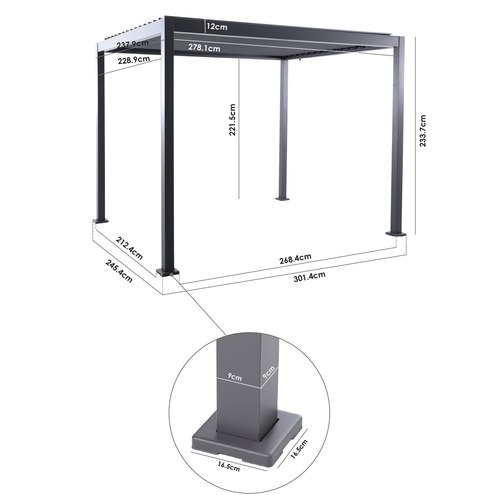 PergoSTET Lite 2.4m x 3m Metal Rectangular Pergola with Wood Effect shown with labeled dimensions; includes close-up inset of square galvanized steel pillar base with measurements.