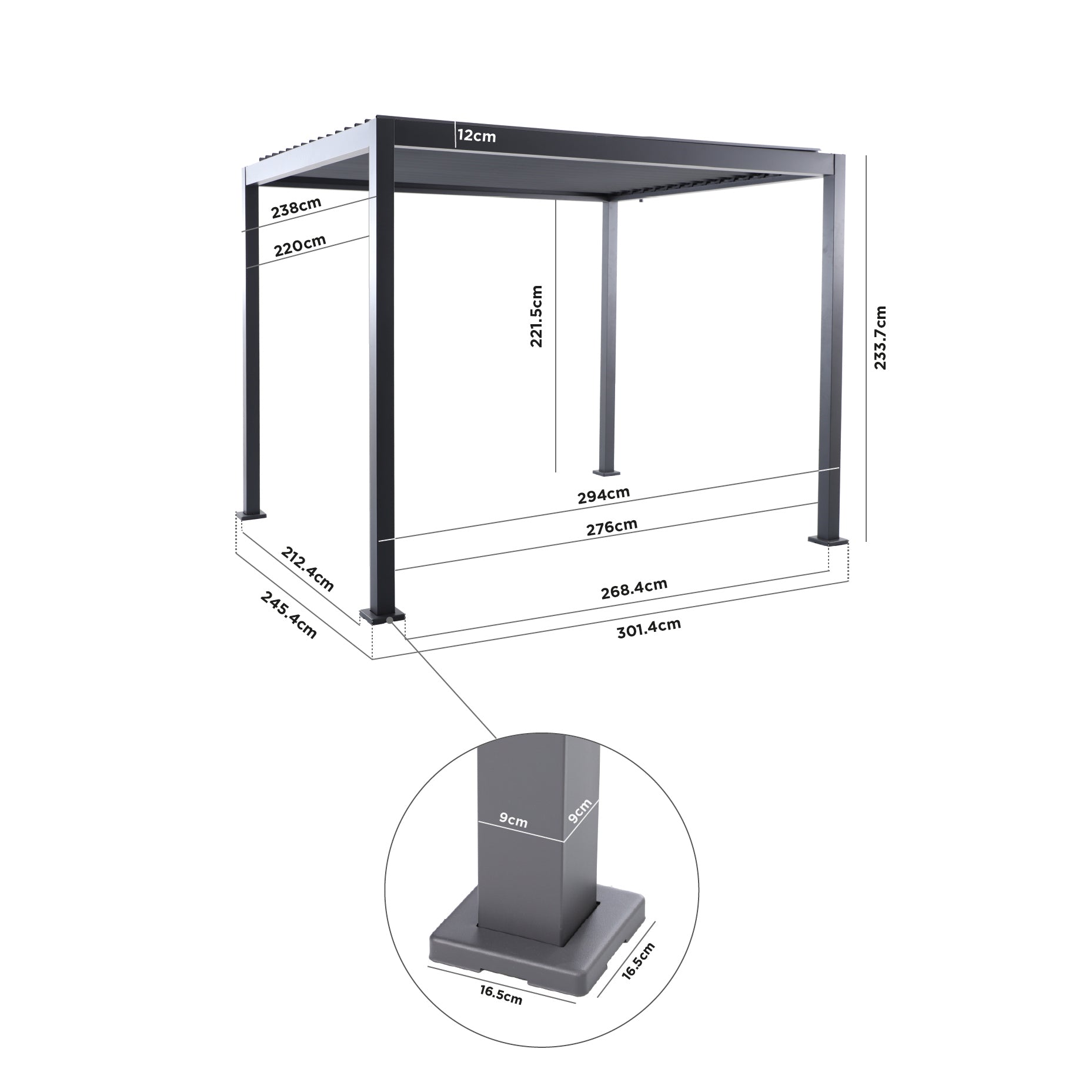PergoSTET Lite 2.4m x 3m Metal Rectangular Pergola in Grey, displaying labeled measurements in centimeters for height, width, length, and base details. The pergola features tilting louvres for adjustable shade and an integrated drainage system for efficient water management.