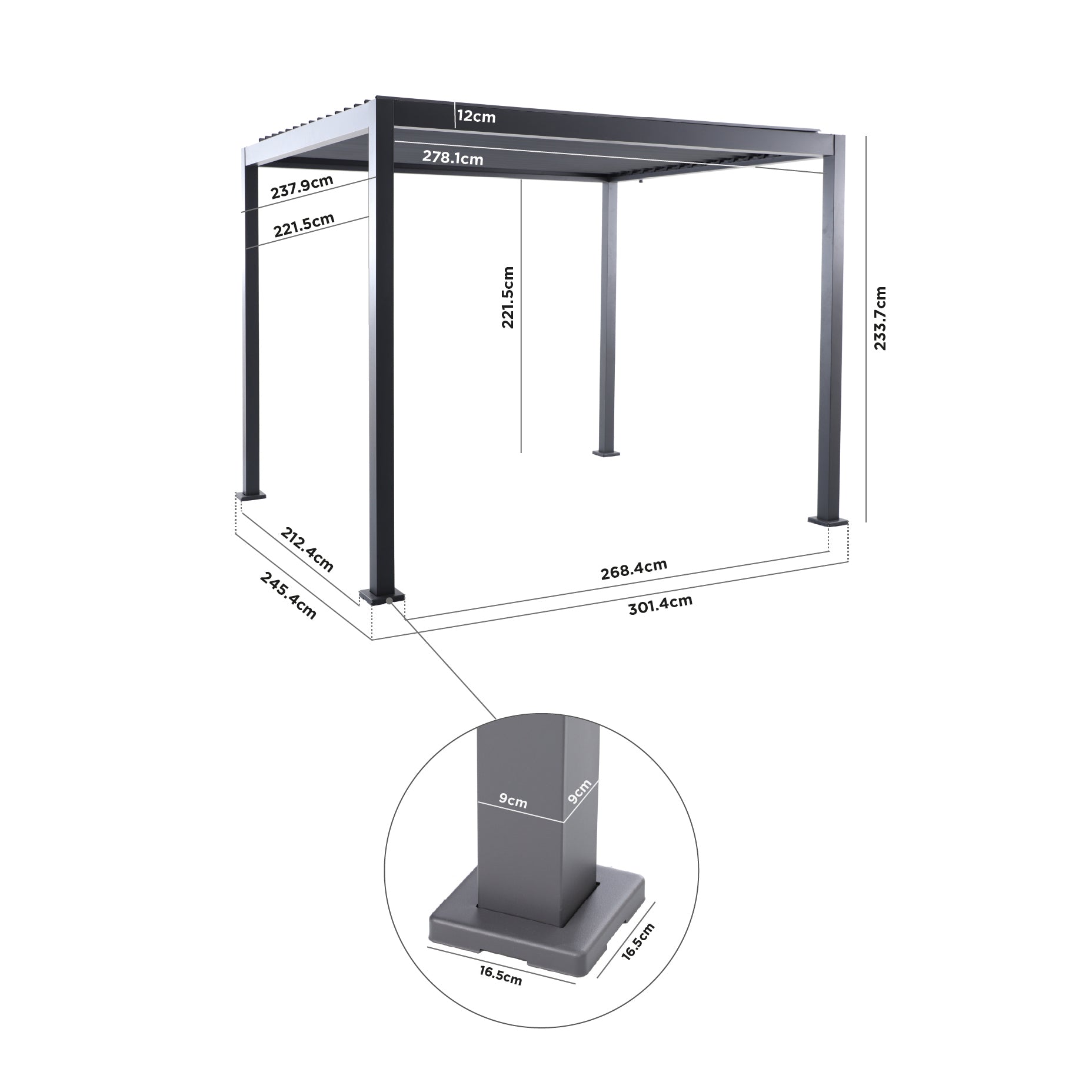 PergoSTET Lite 2.4m x 3m Metal Rectangular Pergola with Wood Effect shown in black, with labeled measurements; detailed close-up of the square base displaying dimensions, highlighting its wood-effect steel frame and adjustable louvres.