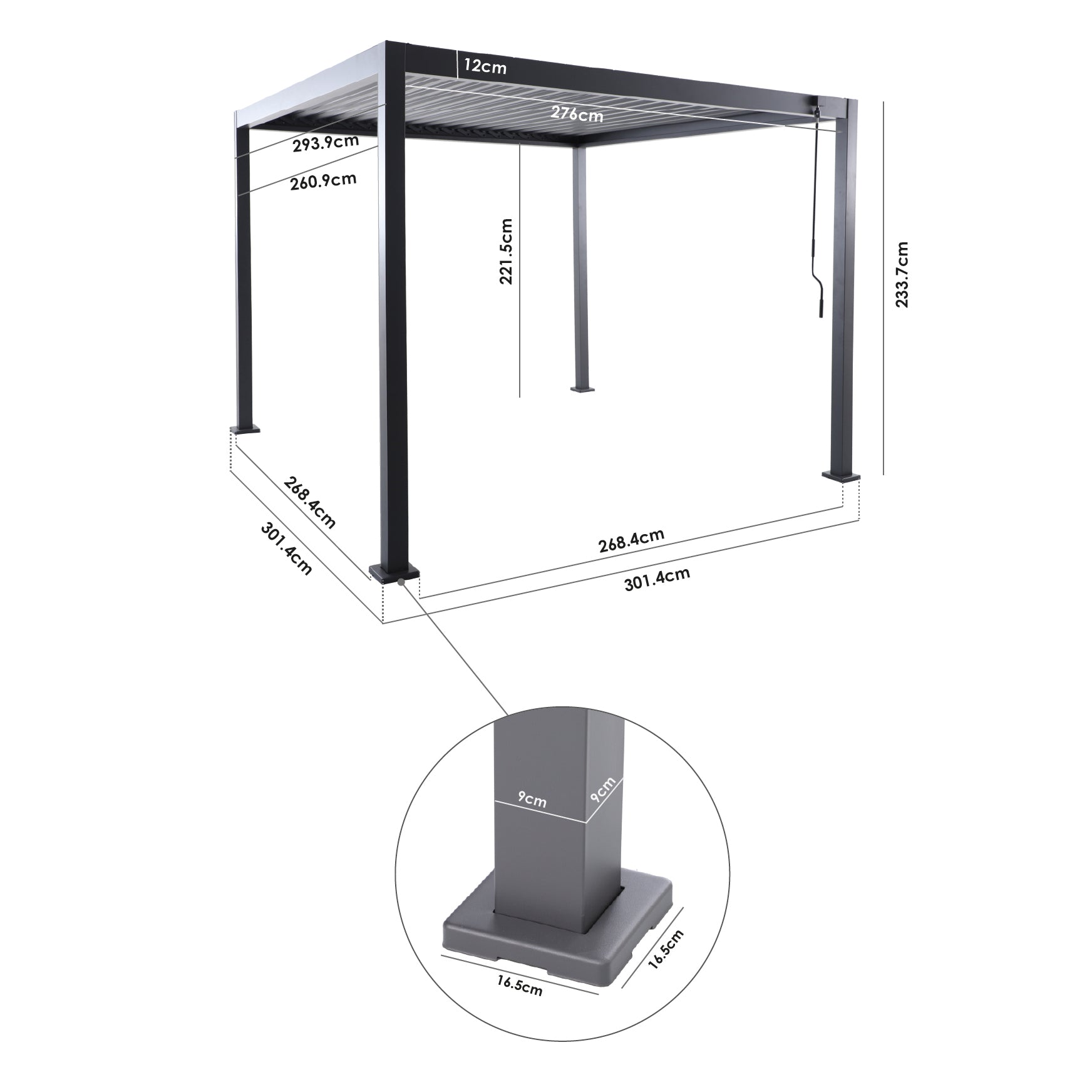 Diagram of the PergoSTET Lite 3m x 3m Metal Square Pergola in Grey with labeled dimensions, tilting louvres, and a close-up of the base.