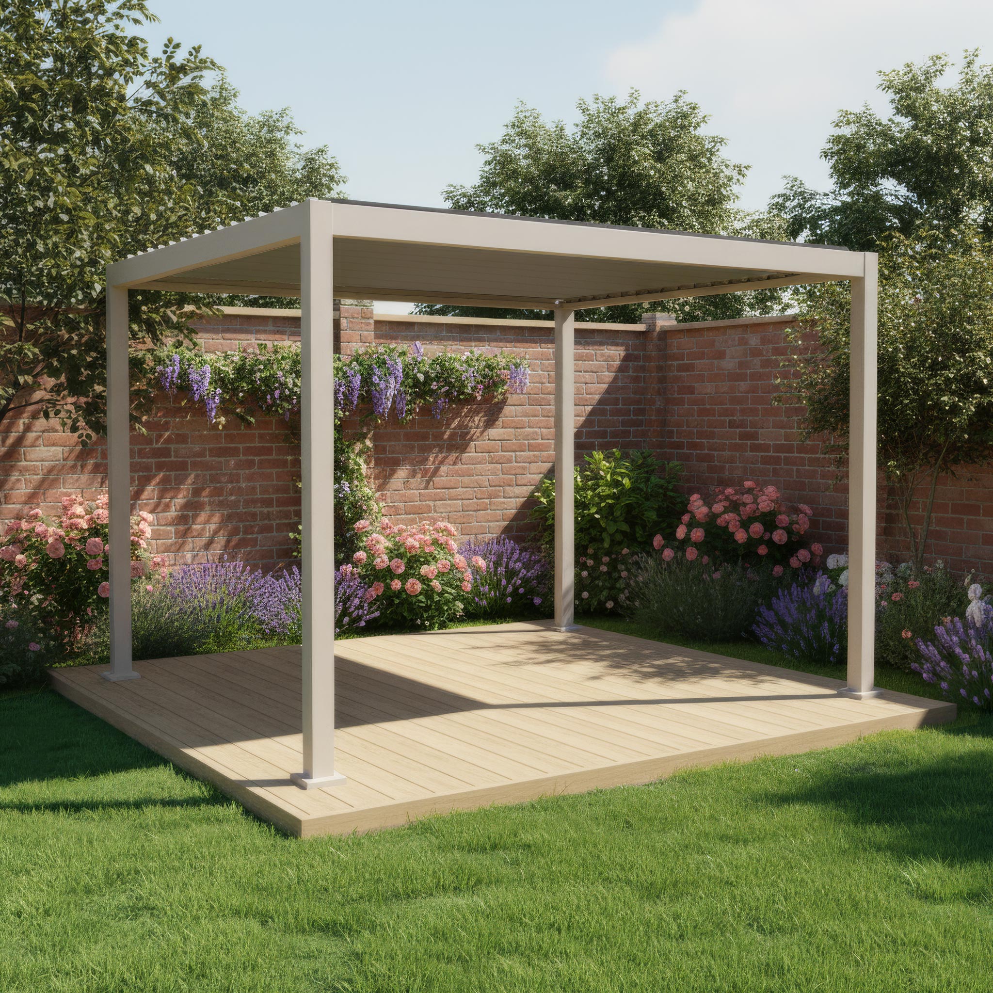 A PergoSTET Lite 3m x 3m Metal Square Pergola in Latte sits on a wooden deck in a garden with flowers, green grass, and a brick wall.