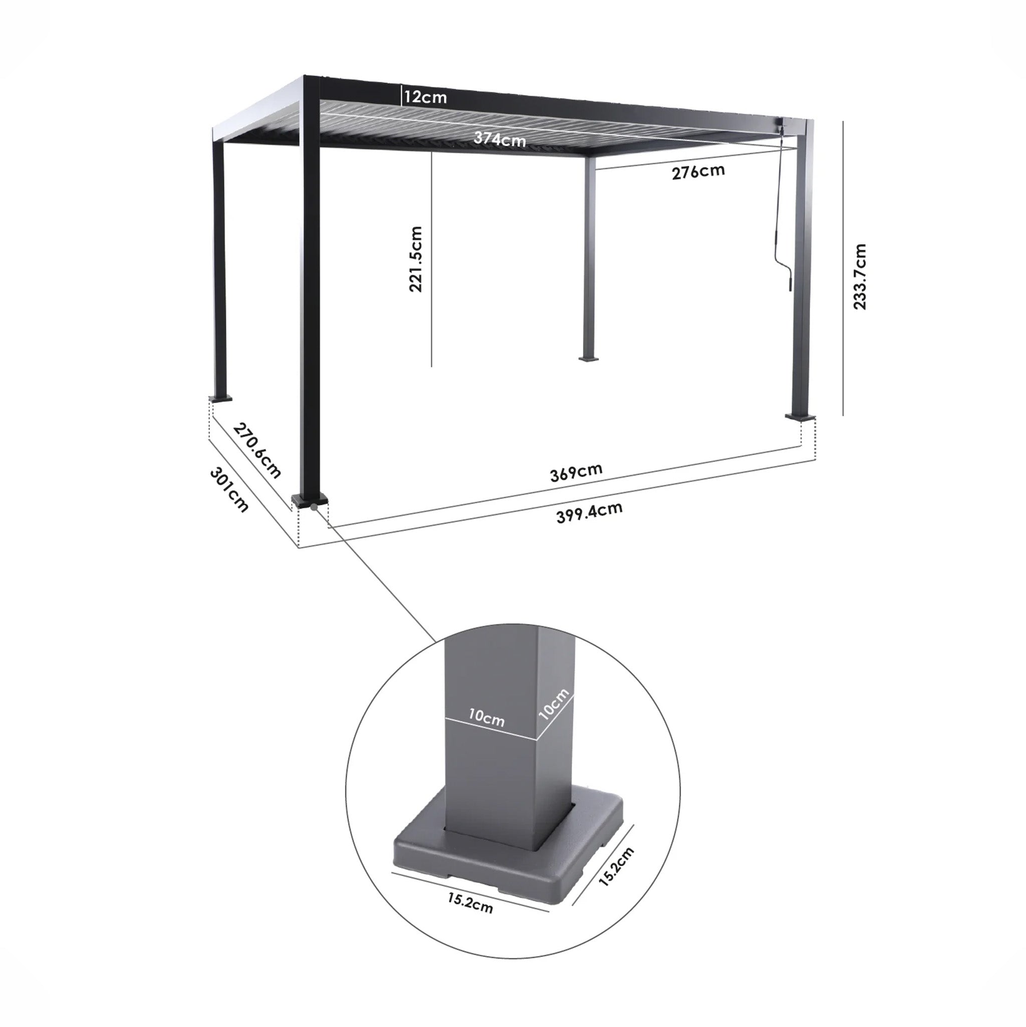 PergoSTET Lite 3m x 4m Metal Rectangular Pergola with Wood Effect shown with adjustable louvre roof and labeled dimensions; close-up inset highlights the base measurements of one support post.
