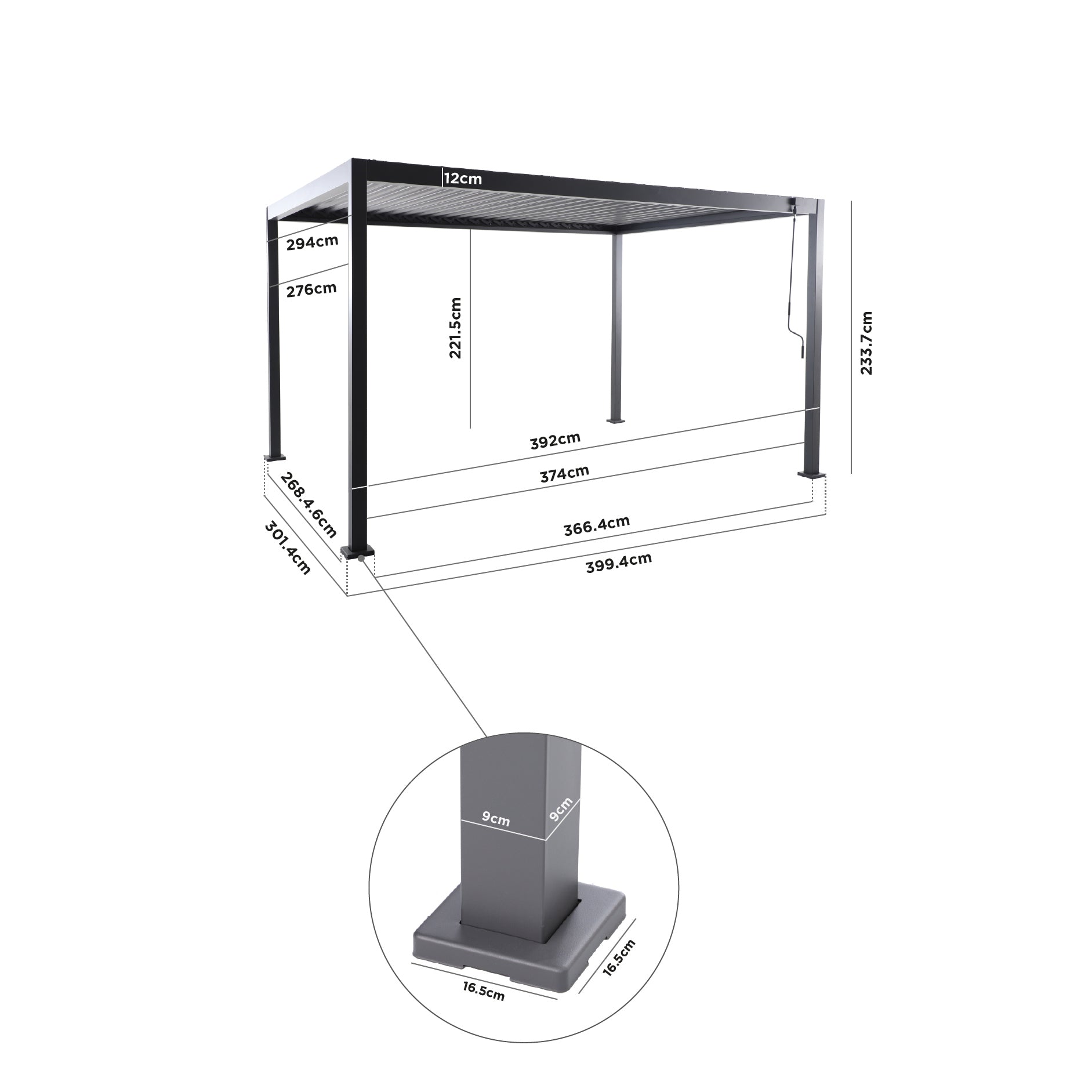 Featuring the PergoSTET Lite 3m x 4m Metal Rectangular Pergola in Latte, this metal frame structure includes detailed measurements and a close-up of the square base dimensions, making it ideal for customizable outdoor shade with adjustable louvres.