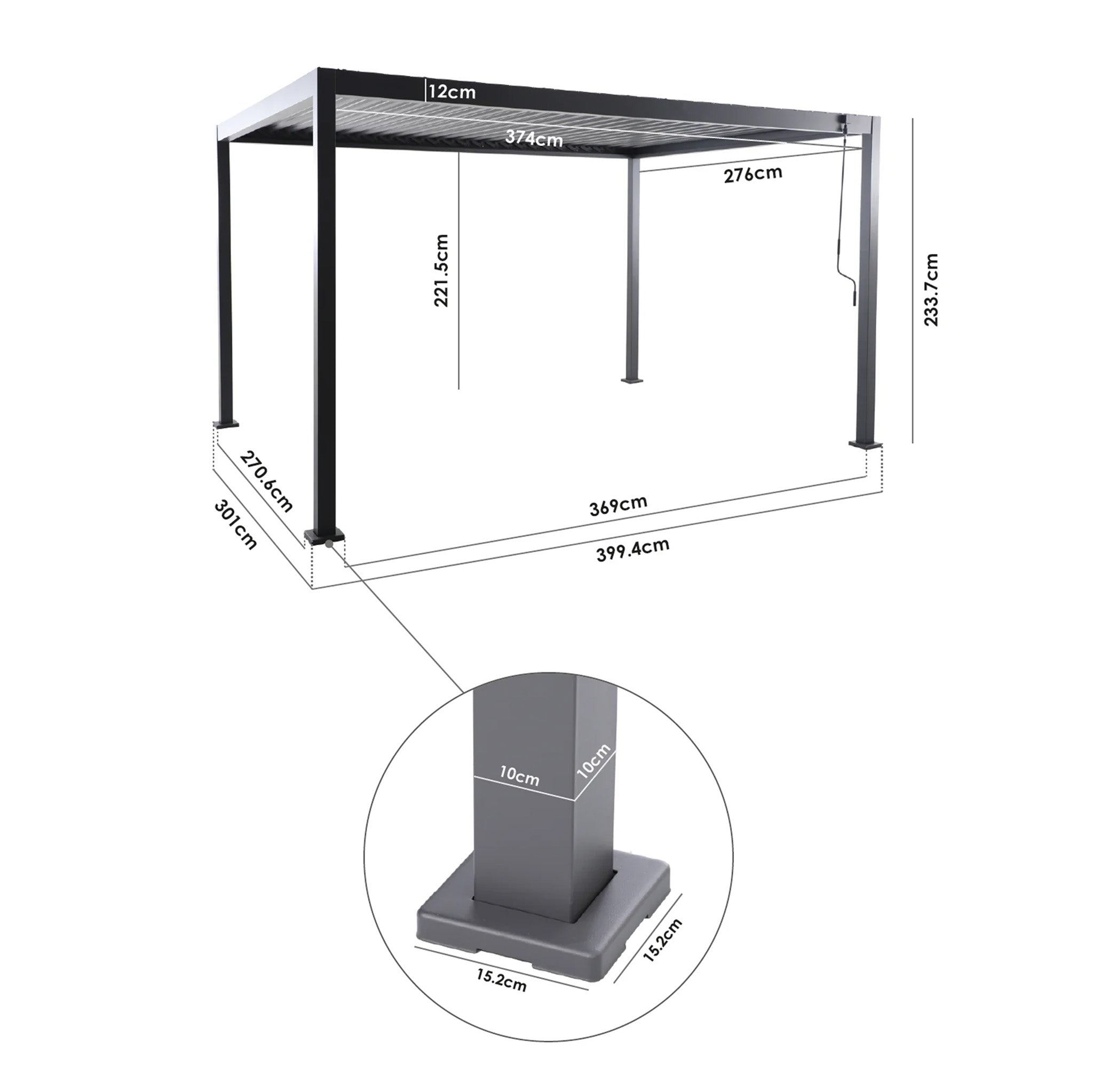 PergoSTET Lite 3m x 4m Metal Rectangular Pergola in Grey shown with dimensions labeled in centimeters, close-up of base measurement details, and tilting louvres for ventilation.