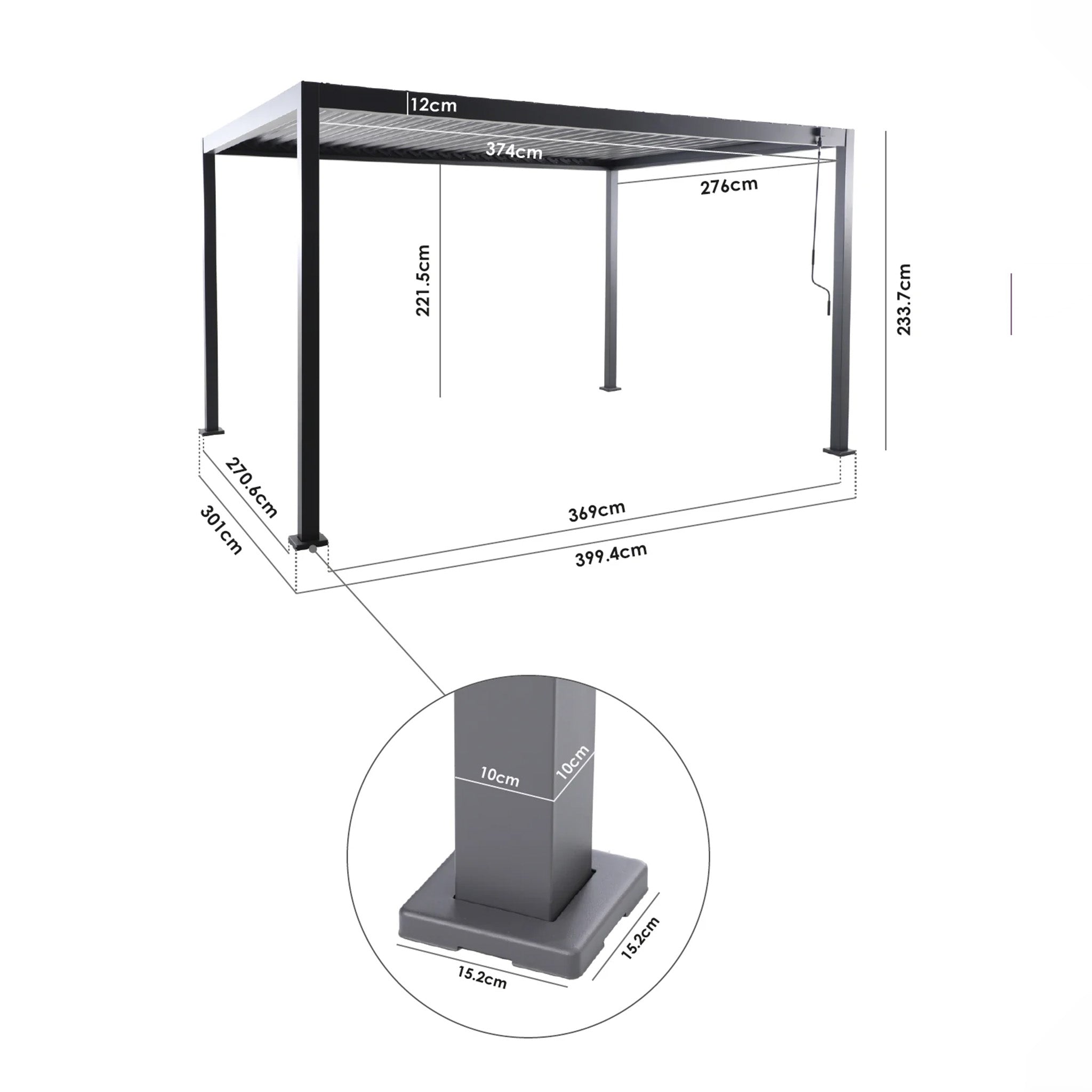 PergoSTET Lite 3m x 4m Metal Rectangular Pergola in Latte features tilting louvres and labeled dimensions; close-up inset highlights base measurements for optimal outdoor shade.