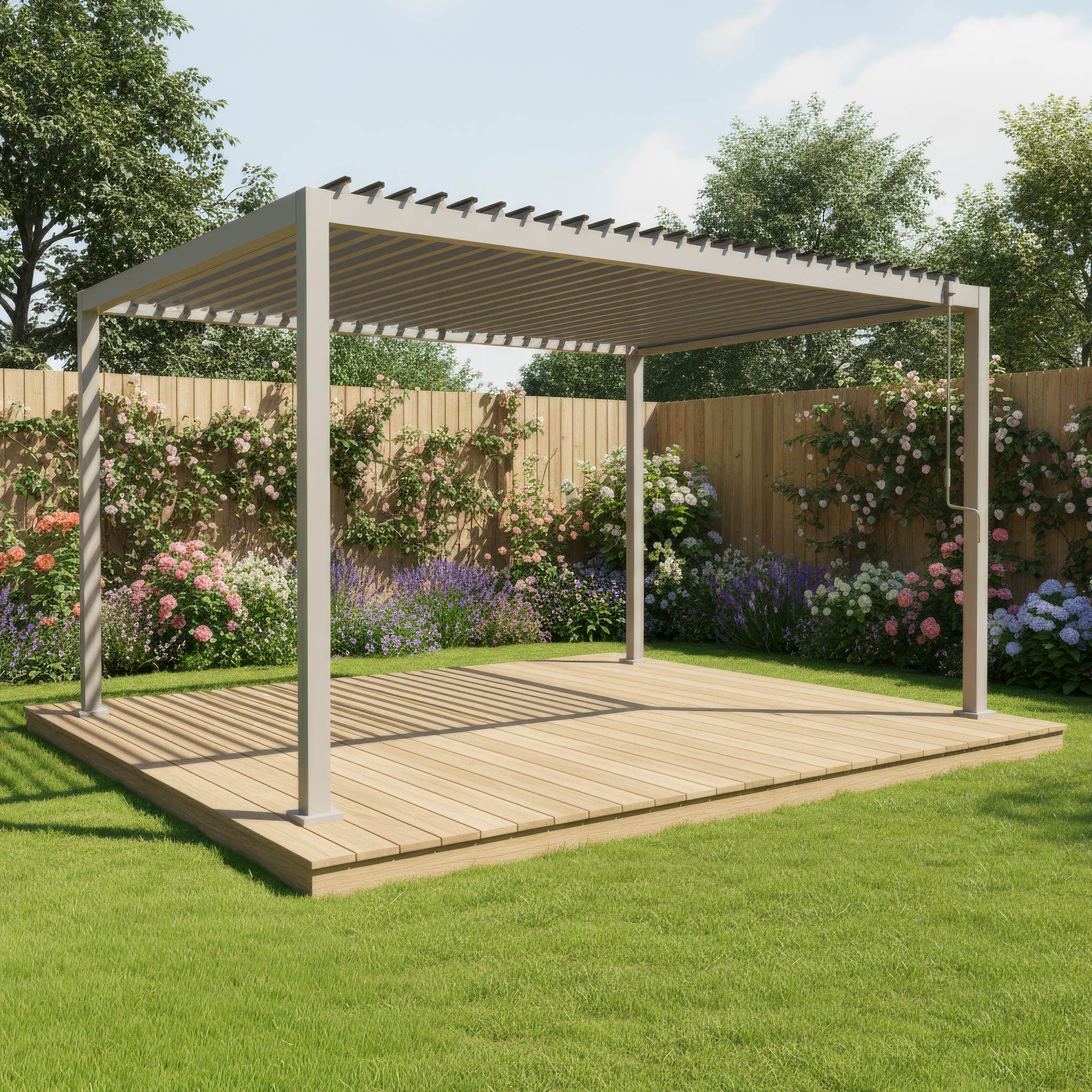 The PergoSTET Lite 3m x 4m Metal Rectangular Pergola in Latte stands on a wooden deck amidst green grass, flowers, and a wooden fence, offering ideal outdoor shade with its modern tilting louvres.