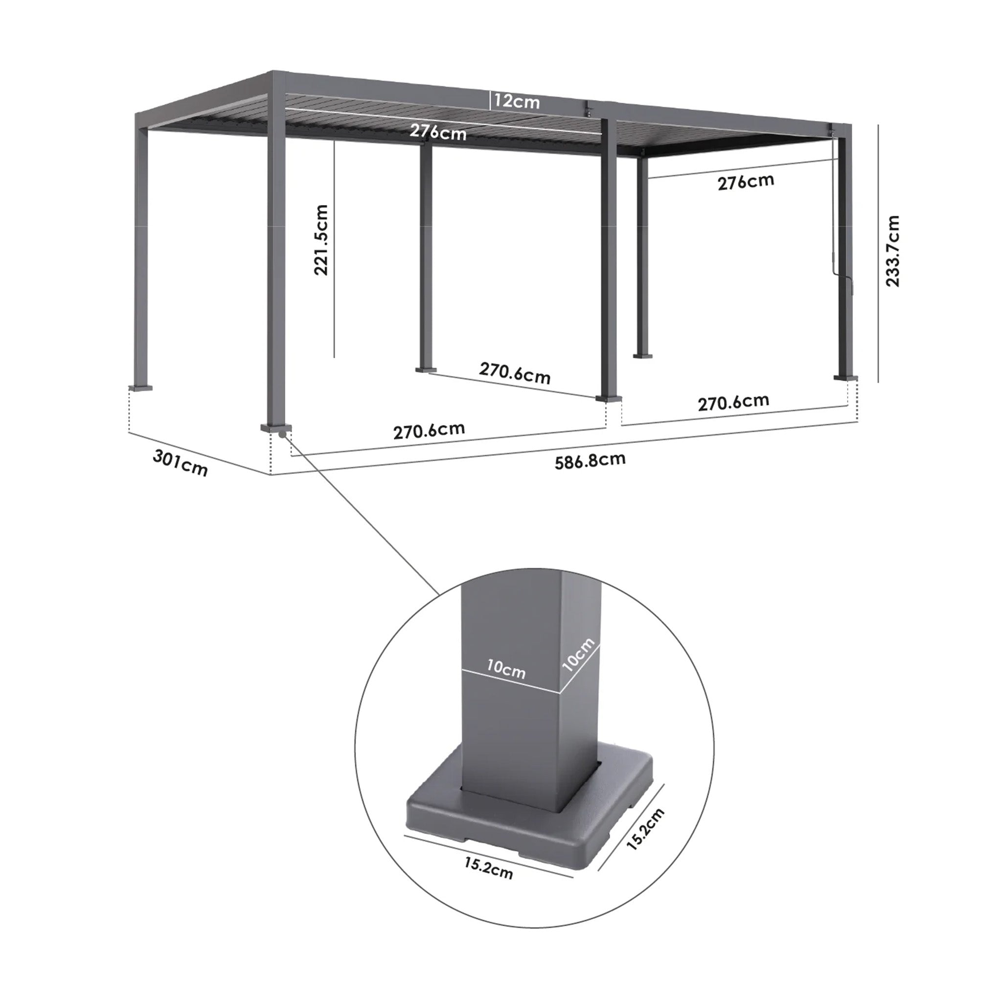 3D illustration of the PergoSTET Lite Neo 3m x 6m Metal Rectangular Pergola in Grey, showing labeled dimensions and a close-up of the support post with base measurements.