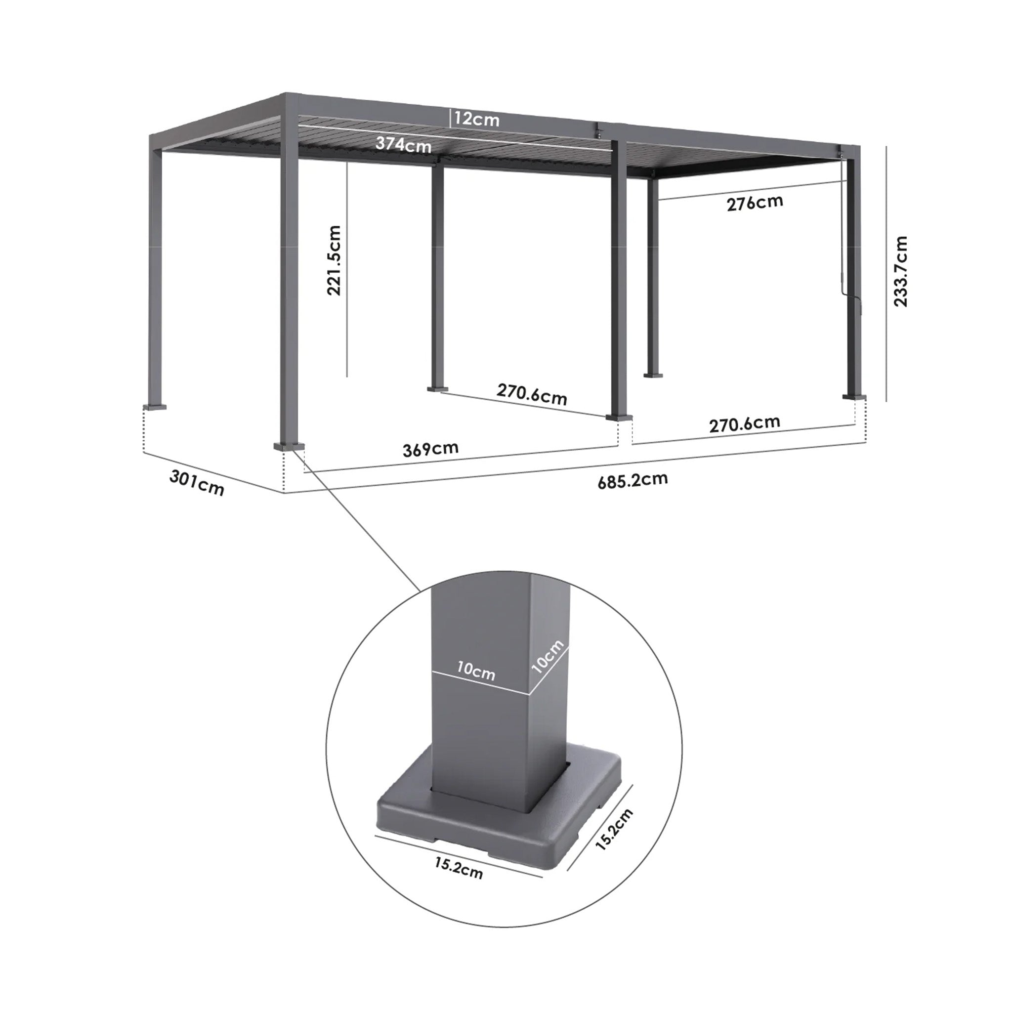 The PergoSTET Lite Neo 3m x 7m Metal Rectangular Pergola in Grey features a 15.2 cm wide square base, a 10 cm pillar, and tilting steel louvres for outdoor weather protection.