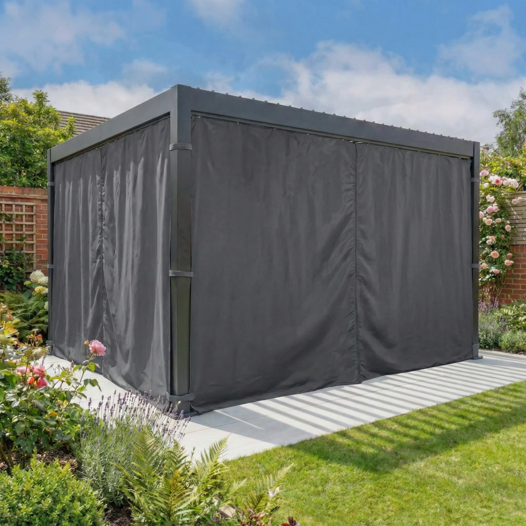 The PergoSTET Side Curtains in Grey for Lite and Lite Neo 3m x 4m Rectangular Pergola add privacy and style to your patio or garden with weather-resistant protection.