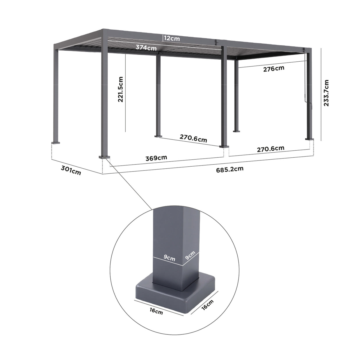 PergoSTET Lite Neo 3m x 7m Metal Rectangular Pergola in Grey with labeled dimensions; zoomed detail of the base showing measurements. Features manually tilting steel louvres for versatile outdoor weather protection.