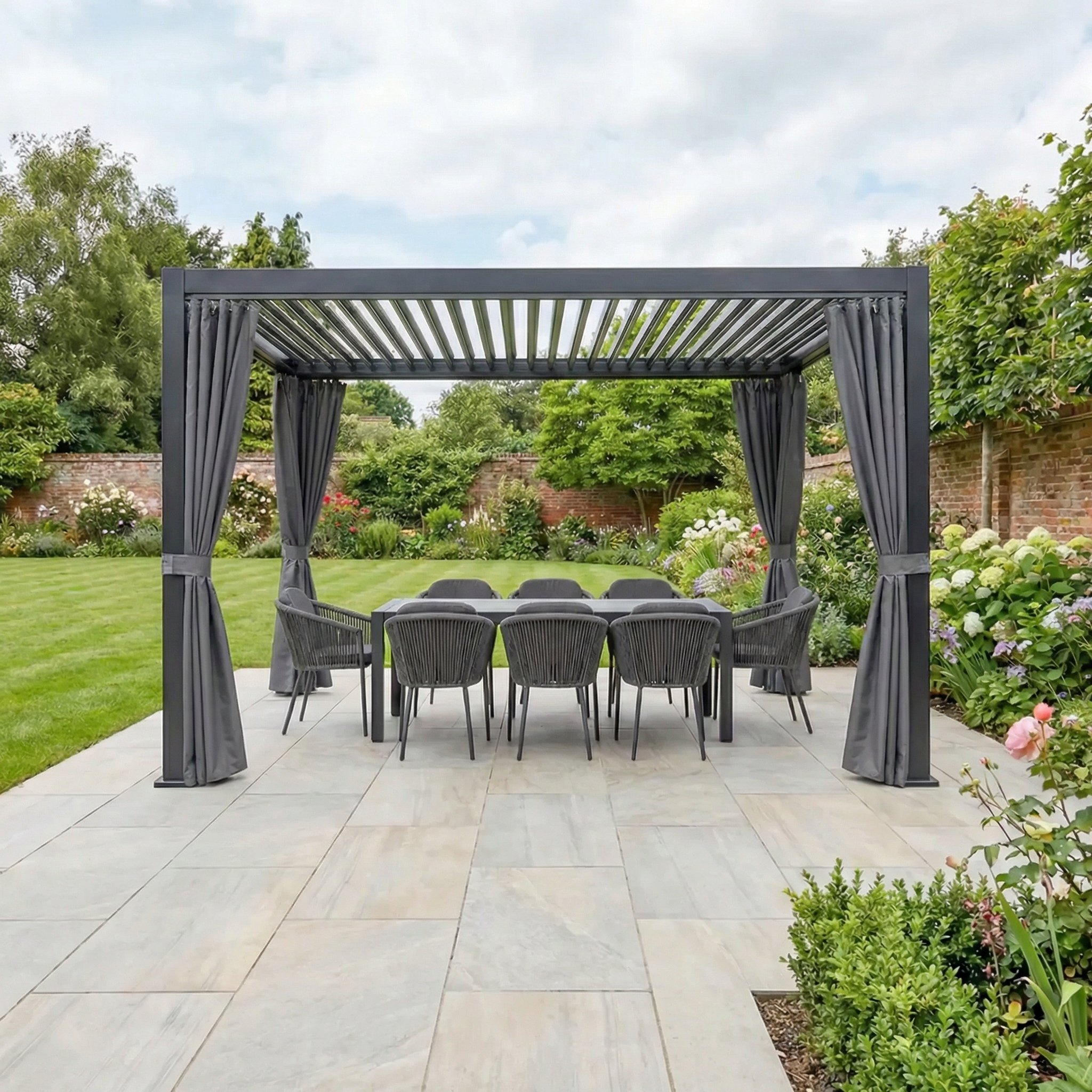 A modern outdoor dining area features a 3m x 4m Lite or Lite Neo rectangular pergola with PergoSTET Side Curtains in grey, and a table set for eight in the garden.