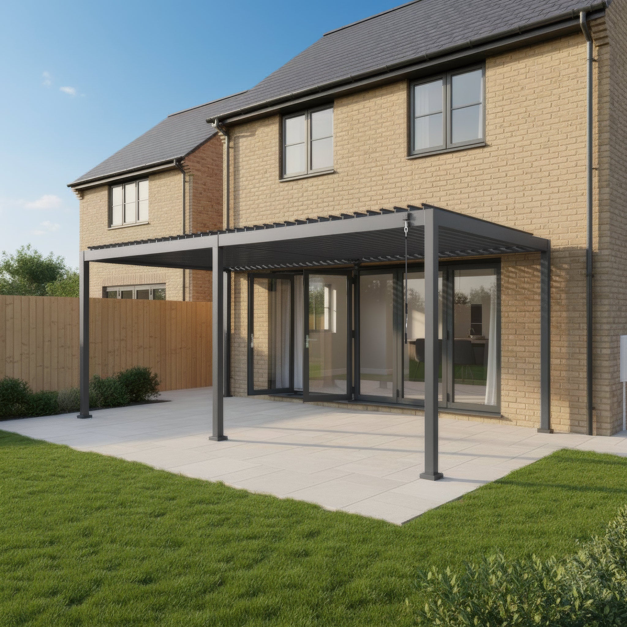 Modern brick house with large windows and a sleek PergoSTET Lite Neo 3m x 7m Metal Rectangular Pergola in Grey with a louvred roof over a tiled patio, facing a green lawn.