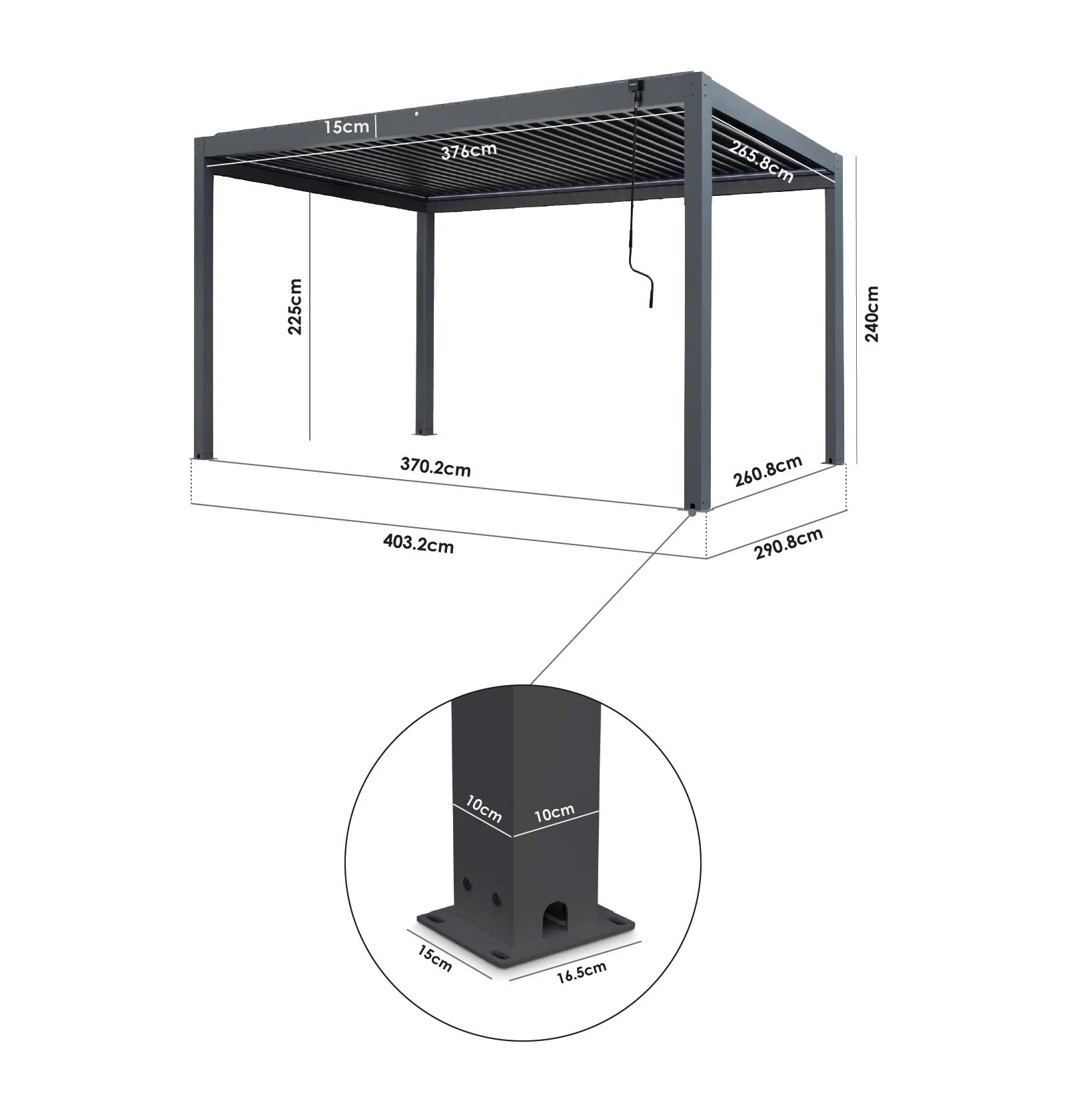 PergoSTET Plus 3m x 4m Rectangular Pergola in Latte with 3 manual side blinds and LED lighting, dimensions shown in centimeters and a close-up of the support post base.