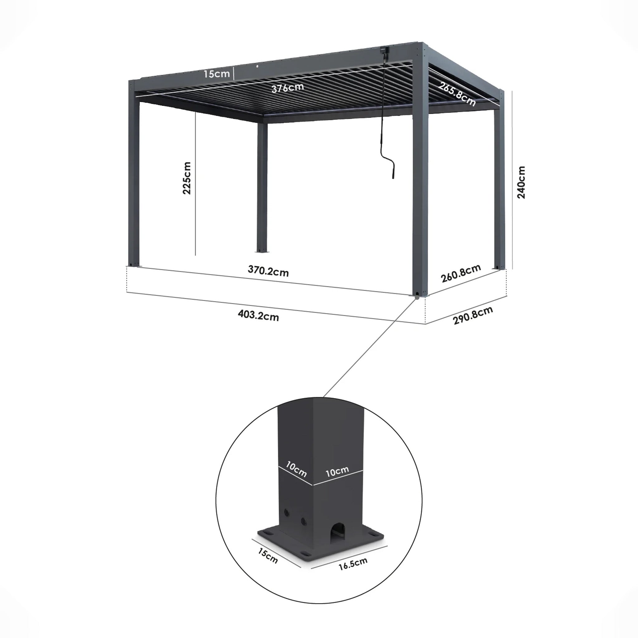 The PergoSTET Plus 3m x 4m Rectangular Pergola in Grey features labeled dimensions, a detailed post base with measurements, 3 manual Textilene side blinds for extra shade and style, and integrated LED lighting.