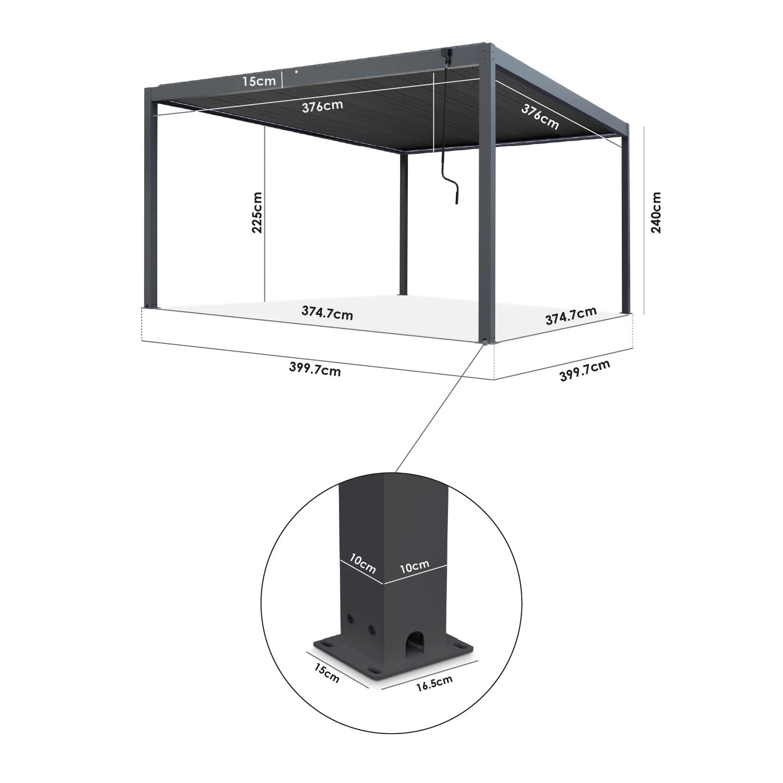 3D diagram of the PergoSTET Plus 4m x 4m Square Pergola in Grey with 3 manual side blinds and LED lighting, showing labeled dimensions and a close-up of a support post with measurements.