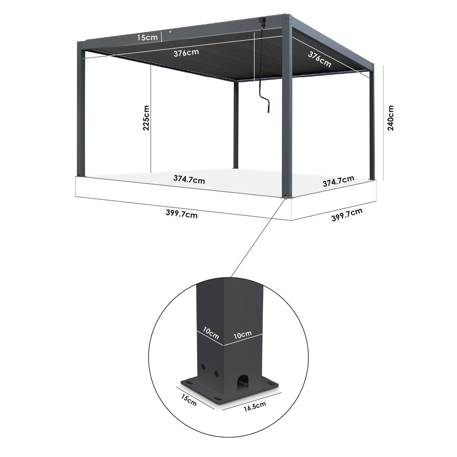 3D diagram of the PergoSTET Plus 4m x 4m Square Pergola in Latte with labeled dimensions (cm), LED lighting, 3 manual textilene side blinds, and a close-up view of the base plate.