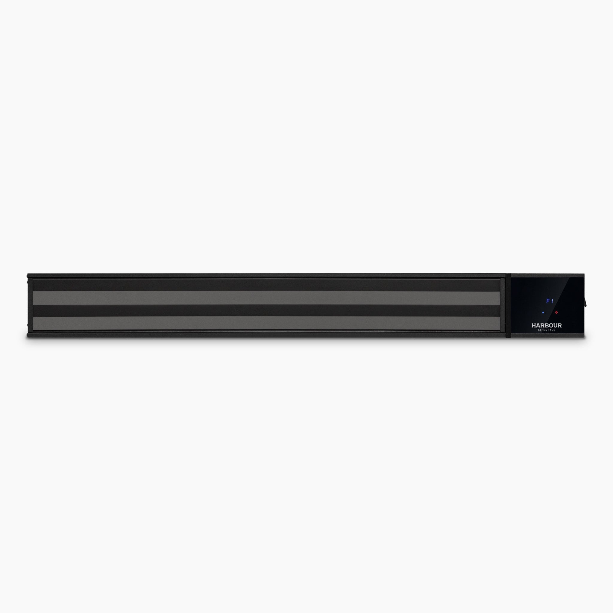 The PergoSTET 2400W Wifi & Bluetooth Heater in Black features a sleek rectangular design, ideal for outdoor heating on patios or under pergolas—perfect for any Harbour Lifestyle setting. Displayed on a plain white background.