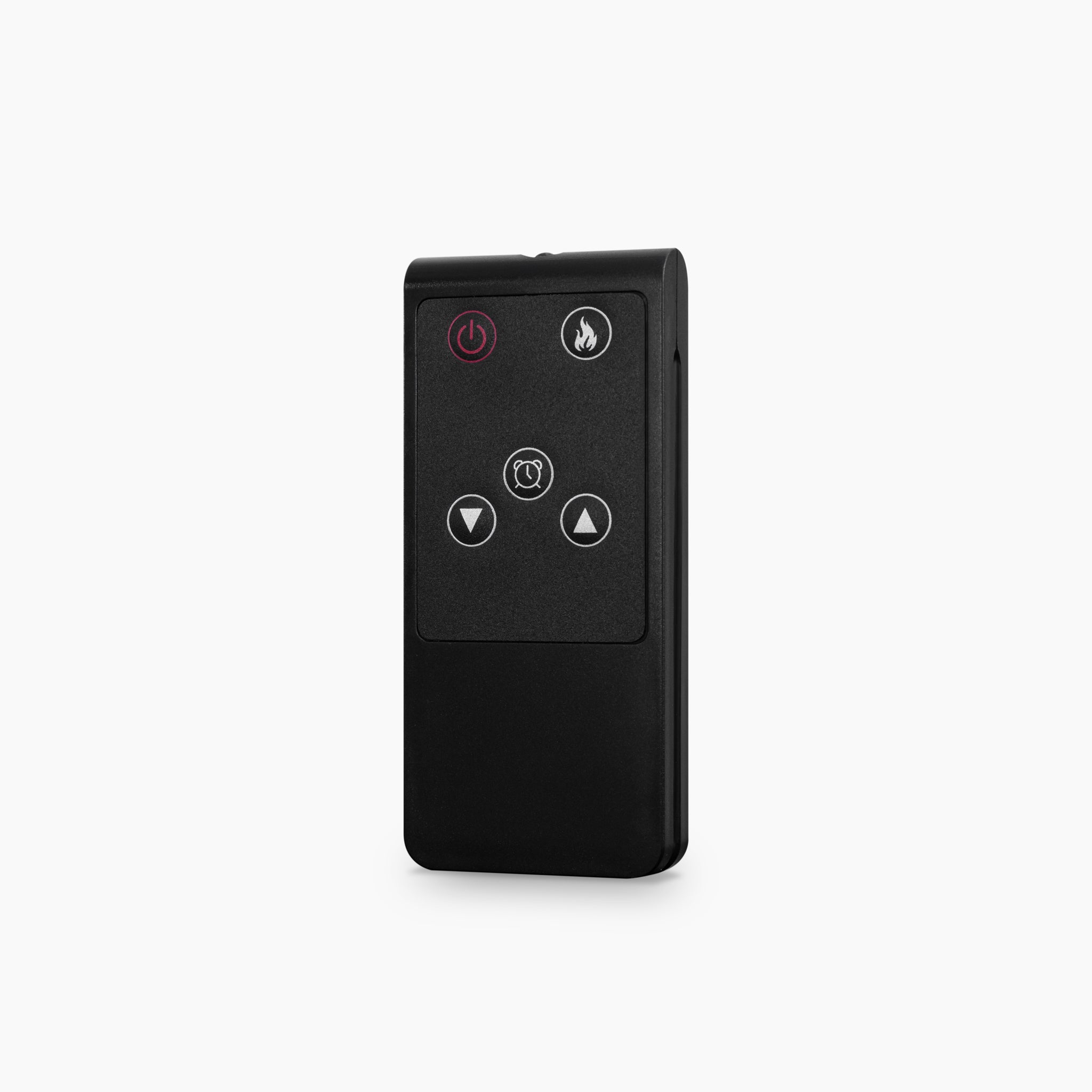 Black remote with five buttons—power, flame, and directional arrows—designed for the PergoSTET 2400W Wifi & Bluetooth Heater in Black by Harbour Lifestyle, shown on a plain white background.