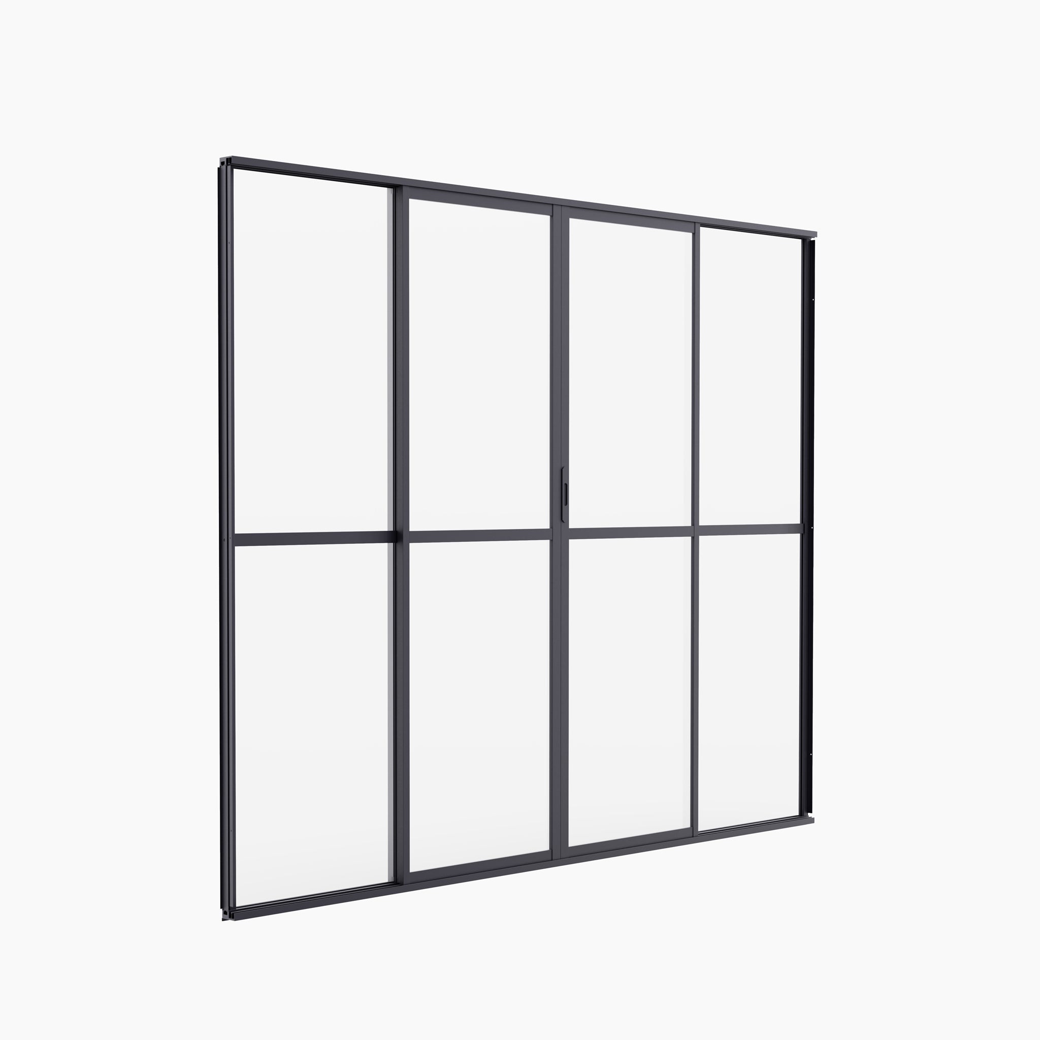 PergoSTET Deluxe Glass Sliding Doors 3m Side in Grey features black frames with four panels—two fixed, two sliding—displayed on a white background.