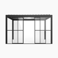 PergoSTET Deluxe Glass Sliding Doors 4m Side in Grey, featuring a front view of grey metal framing with glass panels and a modern slatted roof, set against a white background.