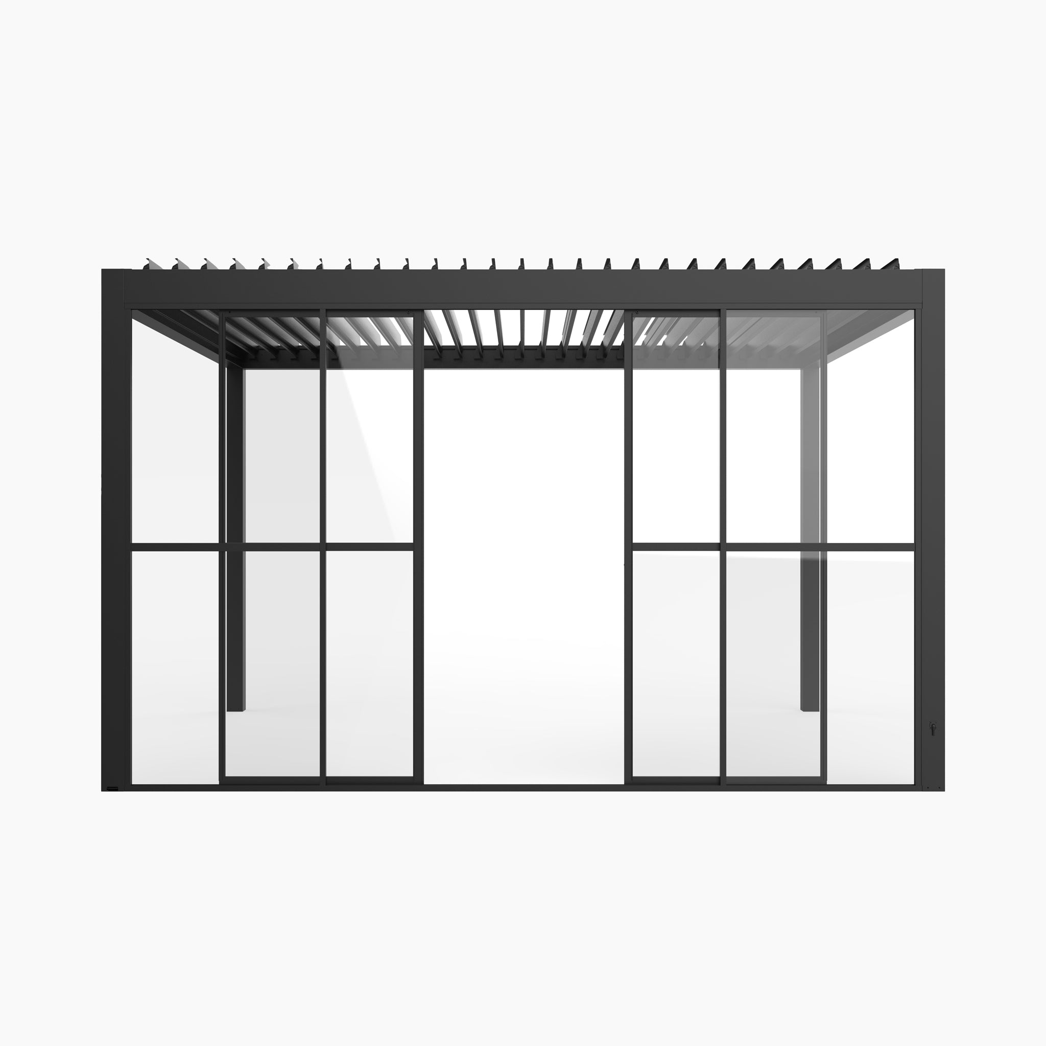 PergoSTET Deluxe Glass Sliding Doors 4m Side in Grey, featuring a front view of grey metal framing with glass panels and a modern slatted roof, set against a white background.