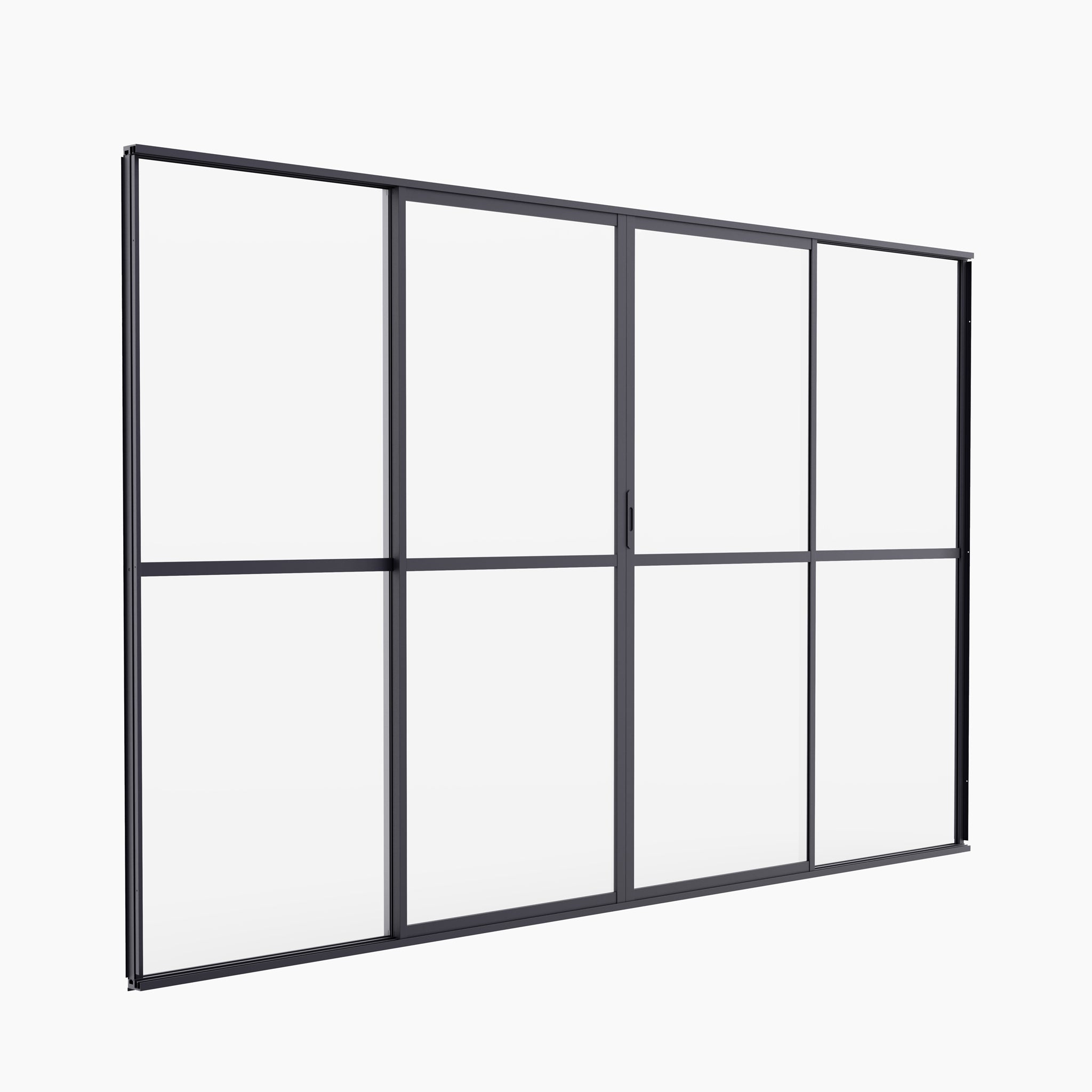 The PergoSTET Deluxe Glass Sliding Doors 4m Side in Grey features a modern design with black frames and six glass panels per side, displayed against a white background.