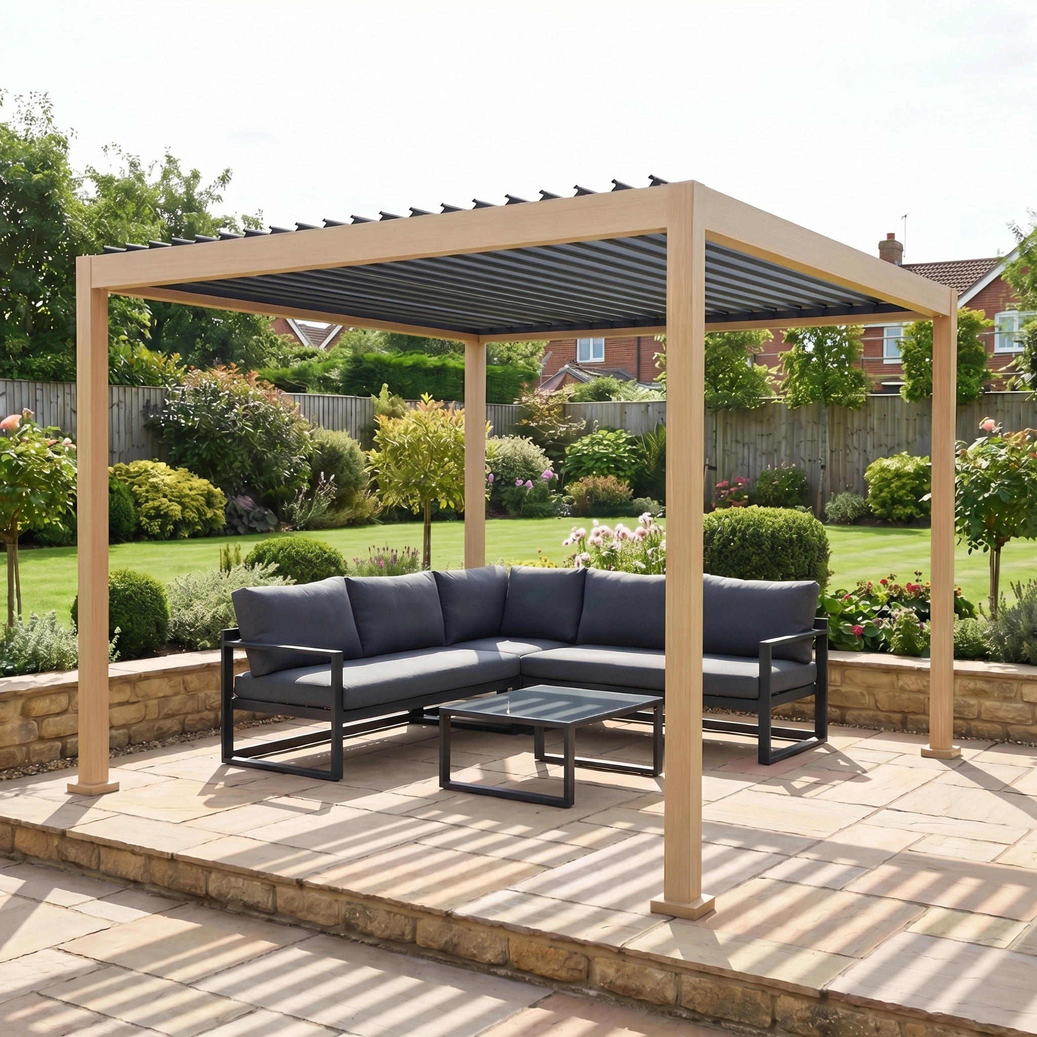 The PergoSTET Lite 2.4m x 3m Metal Rectangular Pergola with Wood Effect adds modern style and adjustable shade to a patio, creating an inviting spot for outdoor seating in your landscaped garden.