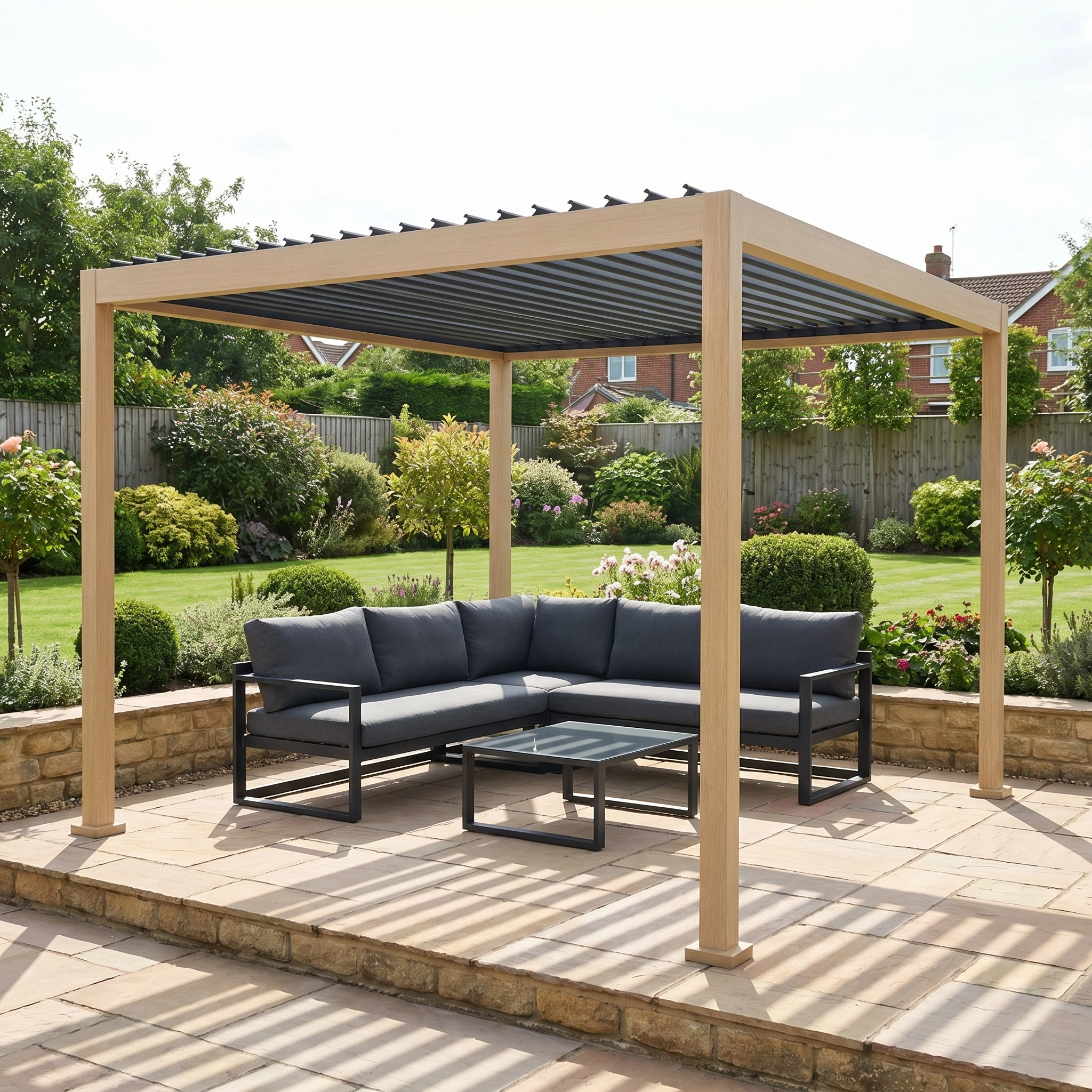 A PergoSTET Lite 2.4m x 3m Metal Rectangular Pergola with Wood Effect stands over a sectional sofa and coffee table on a patio set amid a lush garden, featuring modern adjustable louvres.