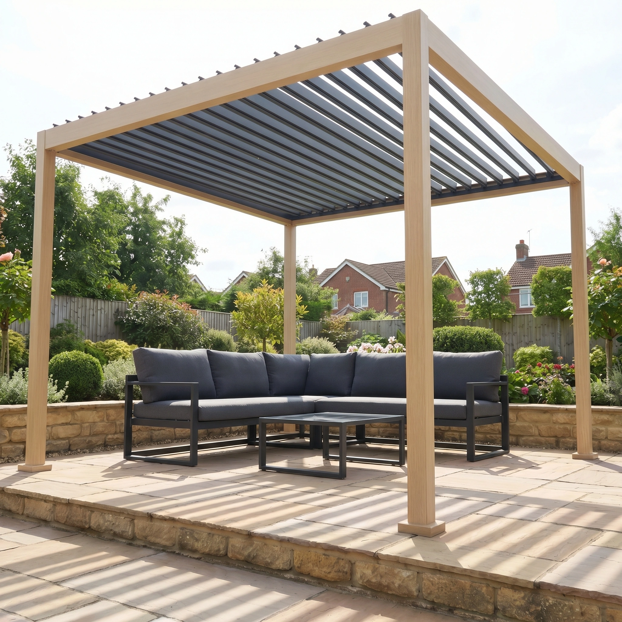 The PergoSTET Lite 2.4m x 3m Metal Rectangular Pergola with Wood Effect stands over a grey outdoor sofa and table on a stone patio in the garden.