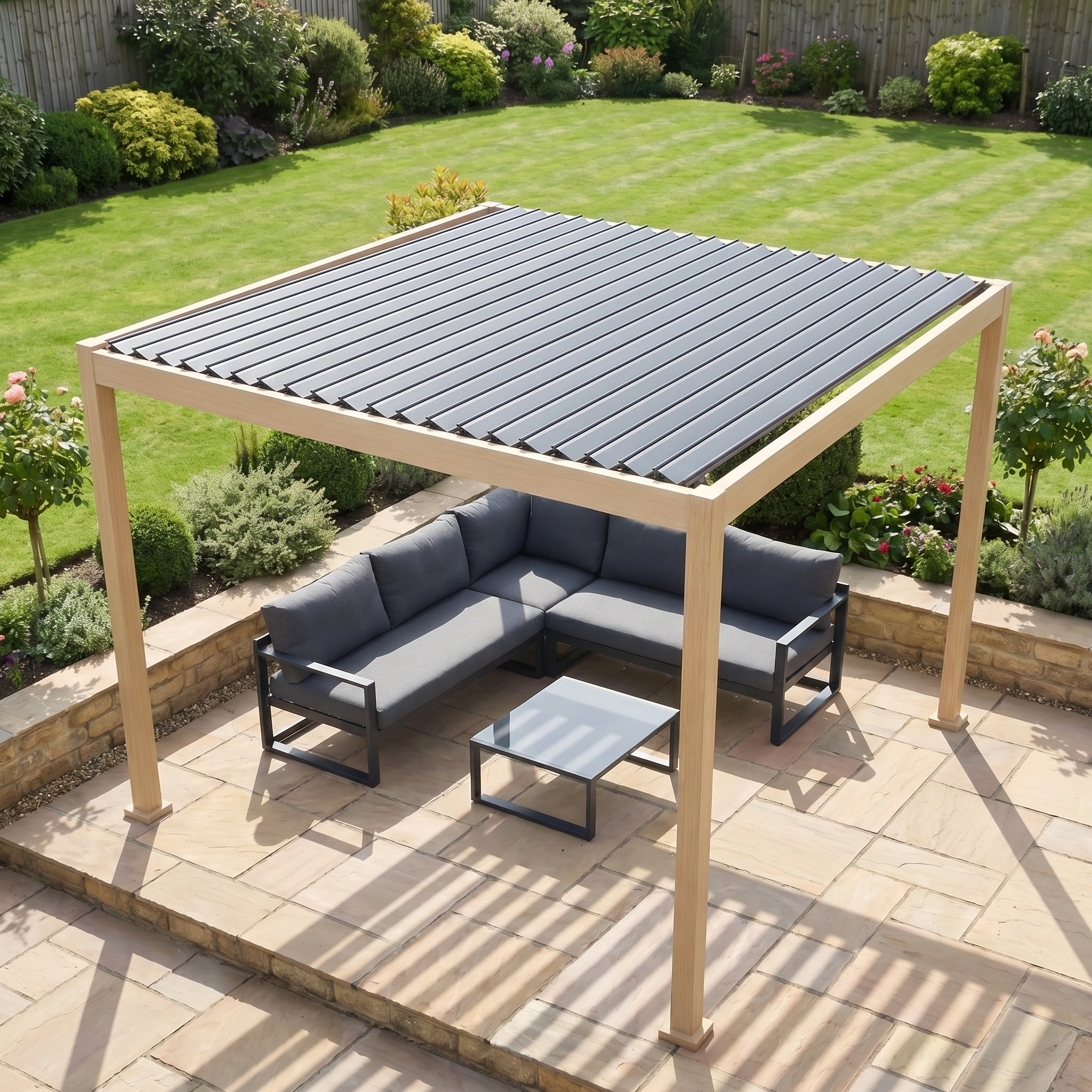 The PergoSTET Lite 2.4m x 3m Metal Rectangular Pergola with Wood Effect provides adjustable shade for a patio featuring outdoor seating and a coffee table, all set amidst a garden.