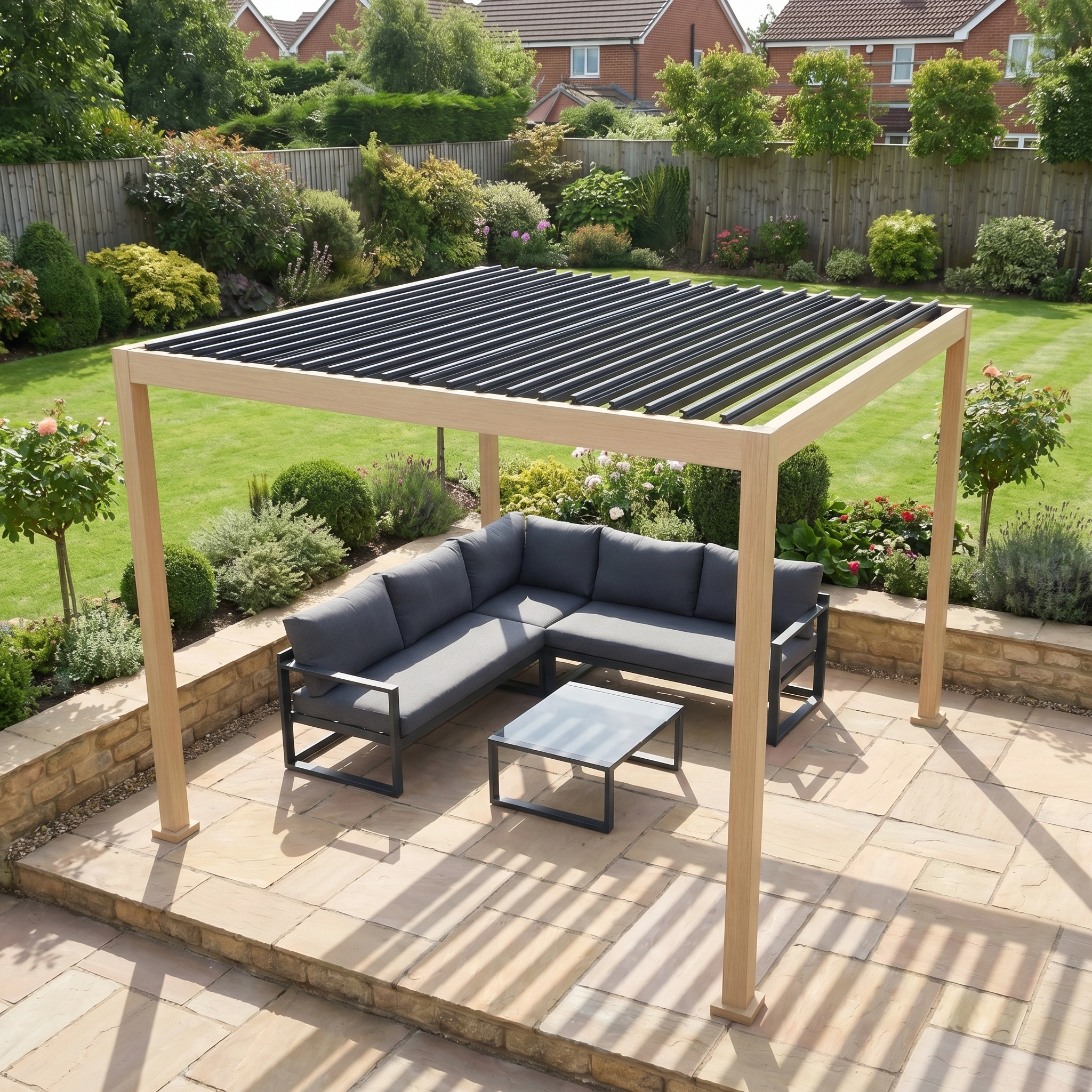The PergoSTET Lite 2.4m x 3m Metal Rectangular Pergola with Wood Effect, featuring adjustable louvres and a slatted roof, stands over a gray outdoor sofa and table on a stone patio in a landscaped garden.