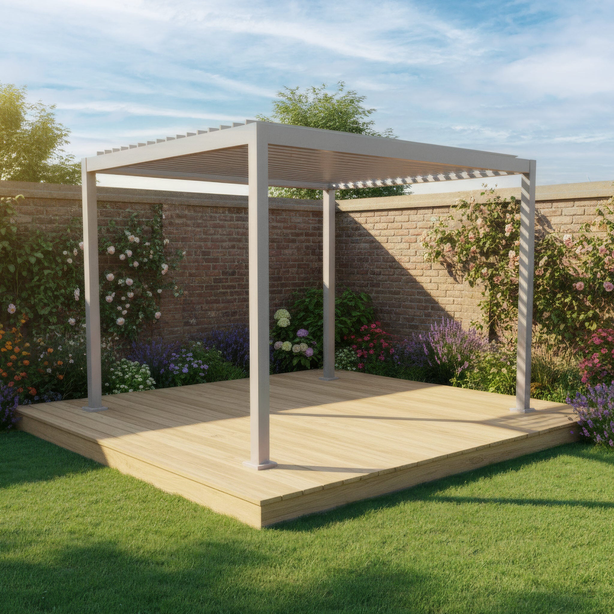 The PergoSTET Lite 2.4m x 3m Metal Rectangular Pergola in Latte stands on a wooden deck, bordered by garden plants and a brick wall, beneath a blue sky.