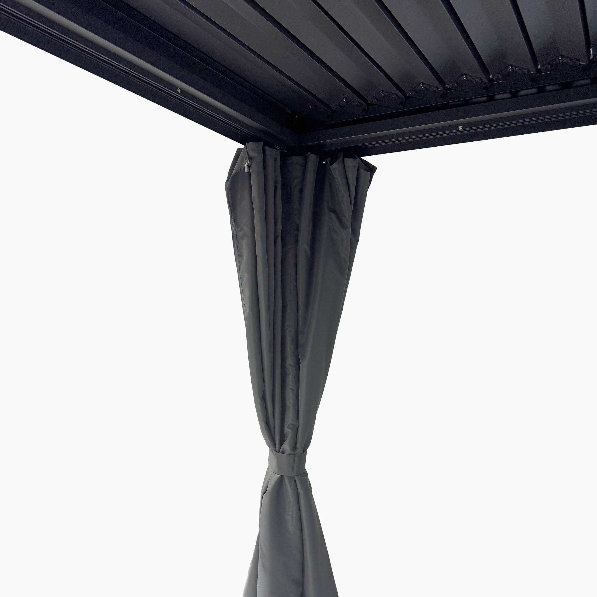 The PergoSTET Side Curtains for Lite 3m x 4m Rectangular Pergola in Grey are tied to a dark metal frame against a plain white background, providing stylish and effective weather protection.