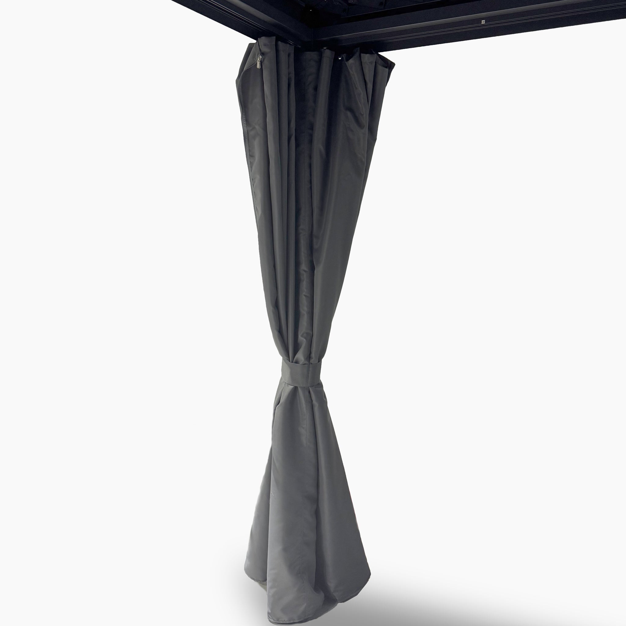 PergoSTET Side Curtains for Lite 3m x 3m Square Pergola in Grey shown tied back to a black metal frame, weather-resistant and displayed against a plain white background.