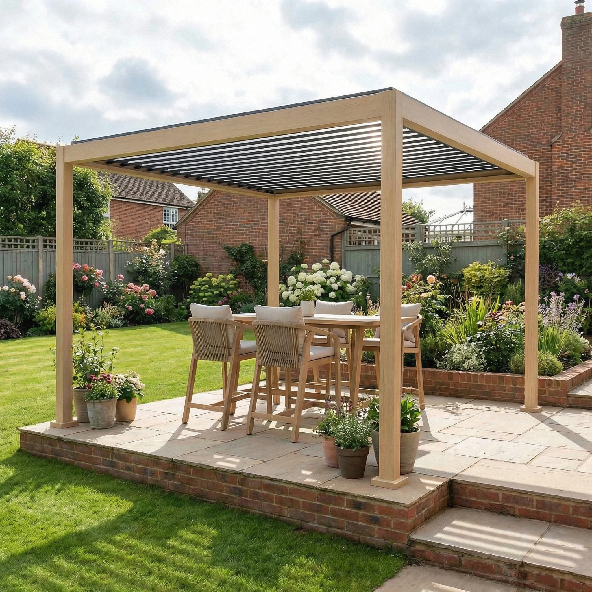 The PergoSTET Lite 3m x 3m Metal Square Pergola with Wood Effect sits over an outdoor dining set on a stone patio, surrounded by garden flowers, and features integrated drainage for all-weather enjoyment.