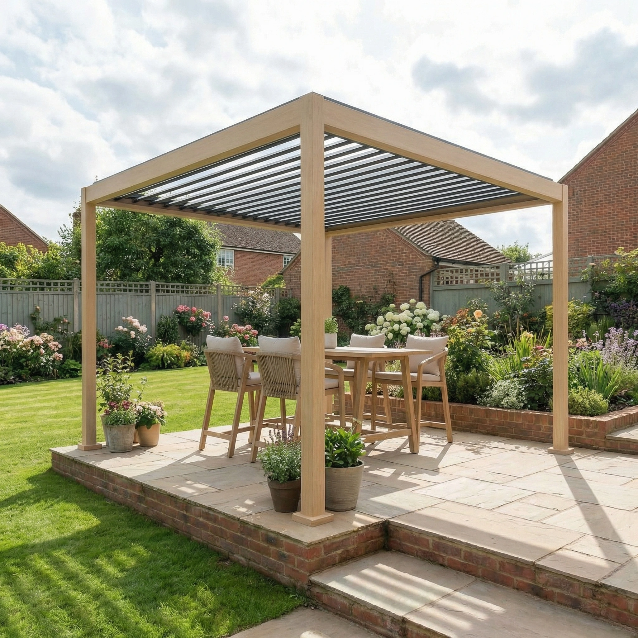 The PergoSTET Lite 3m x 3m Metal Square Pergola with Wood Effect sits on a stone patio in a landscaped backyard, complete with dining set and an integrated drainage system for convenience.