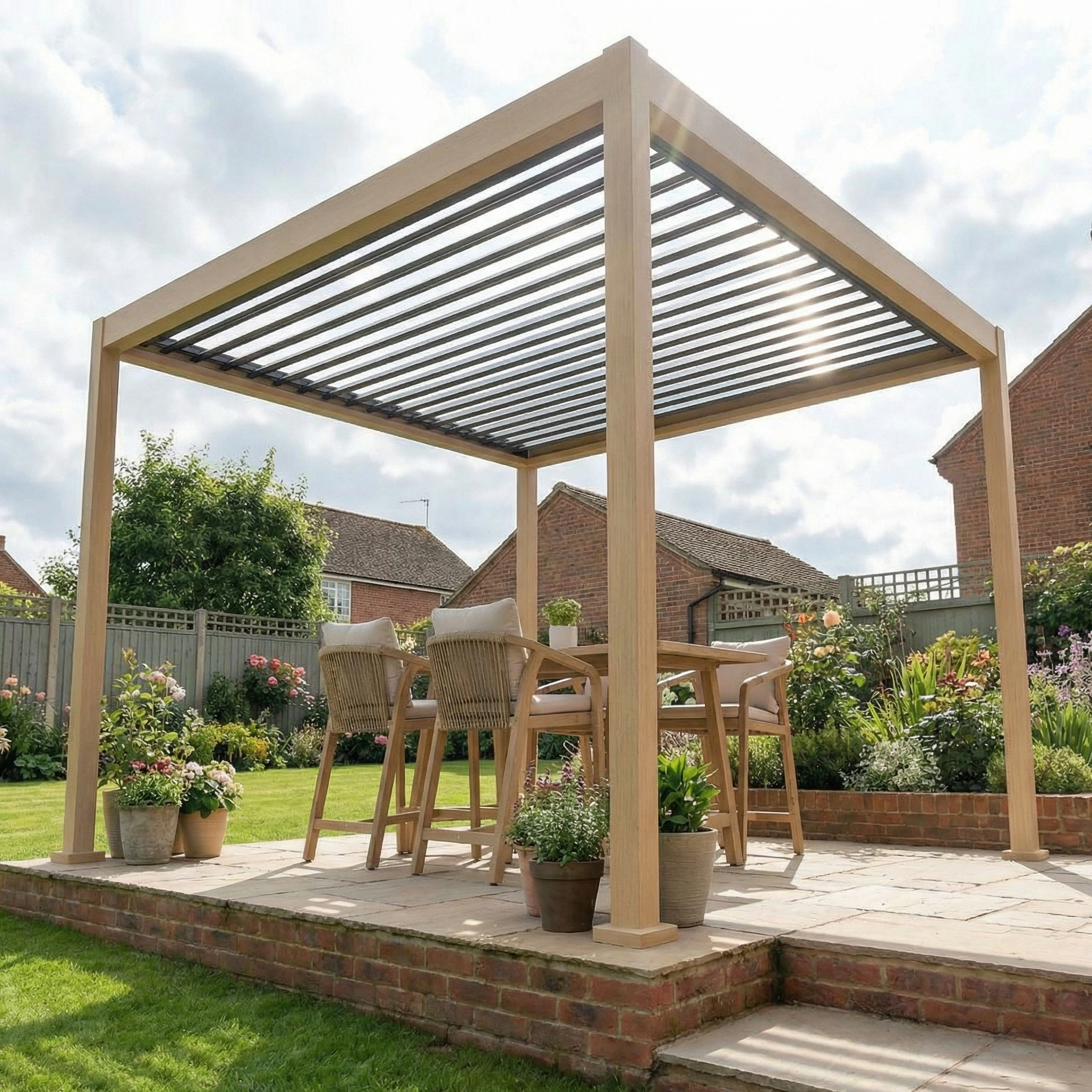 The PergoSTET Lite 3m x 3m Metal Square Pergola with Wood Effect sits on a sunny garden patio, featuring chairs, a table, and an integrated drainage system among flowers and lush green lawn.