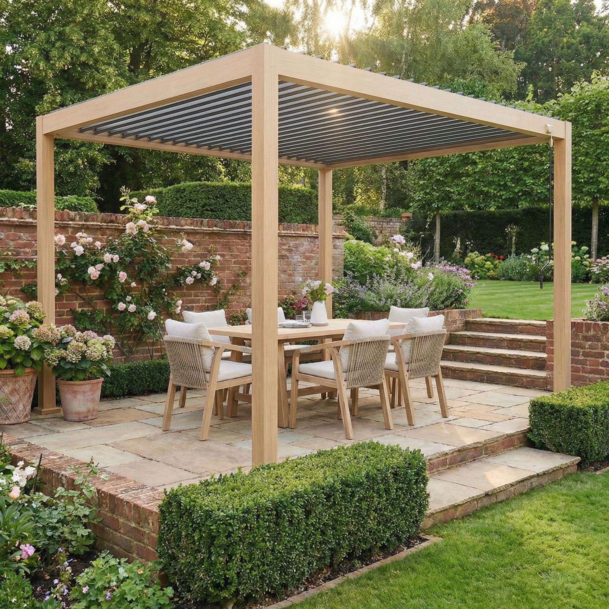 The PergoSTET Lite 3m x 4m Metal Rectangular Pergola with Wood Effect features an adjustable louvre roof, paired with an outdoor dining set, and is set amid lush gardens, flowers, and brick walls.
