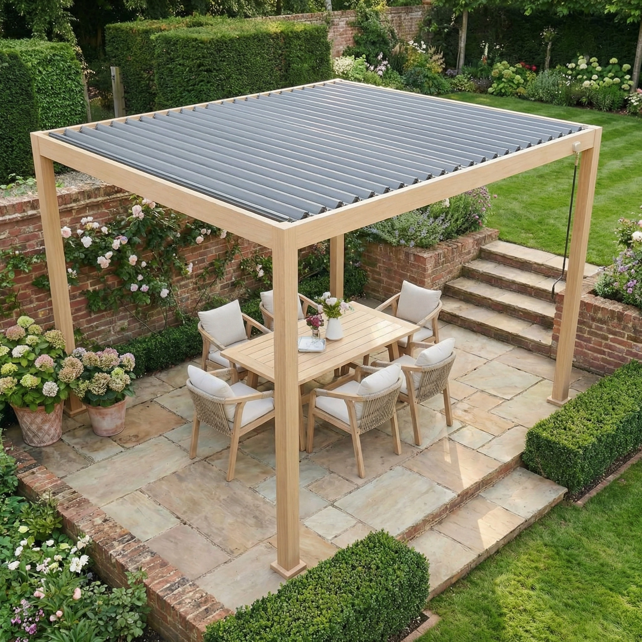 The PergoSTET Lite 3m x 4m Metal Rectangular Pergola with Wood Effect, featuring an adjustable louvre roof, shelters a dining set within a landscaped garden and stone patio.