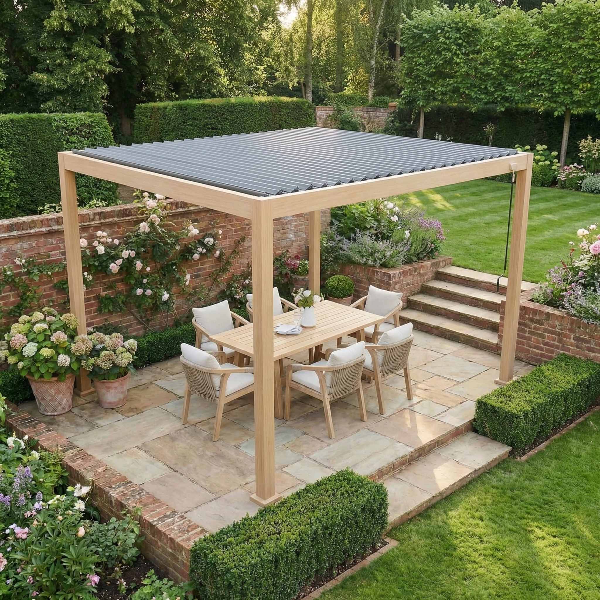The PergoSTET Lite 3m x 4m Metal Rectangular Pergola with Wood Effect features an adjustable louvre roof over a dining set on a stone patio, surrounded by lush garden greenery and flowers.