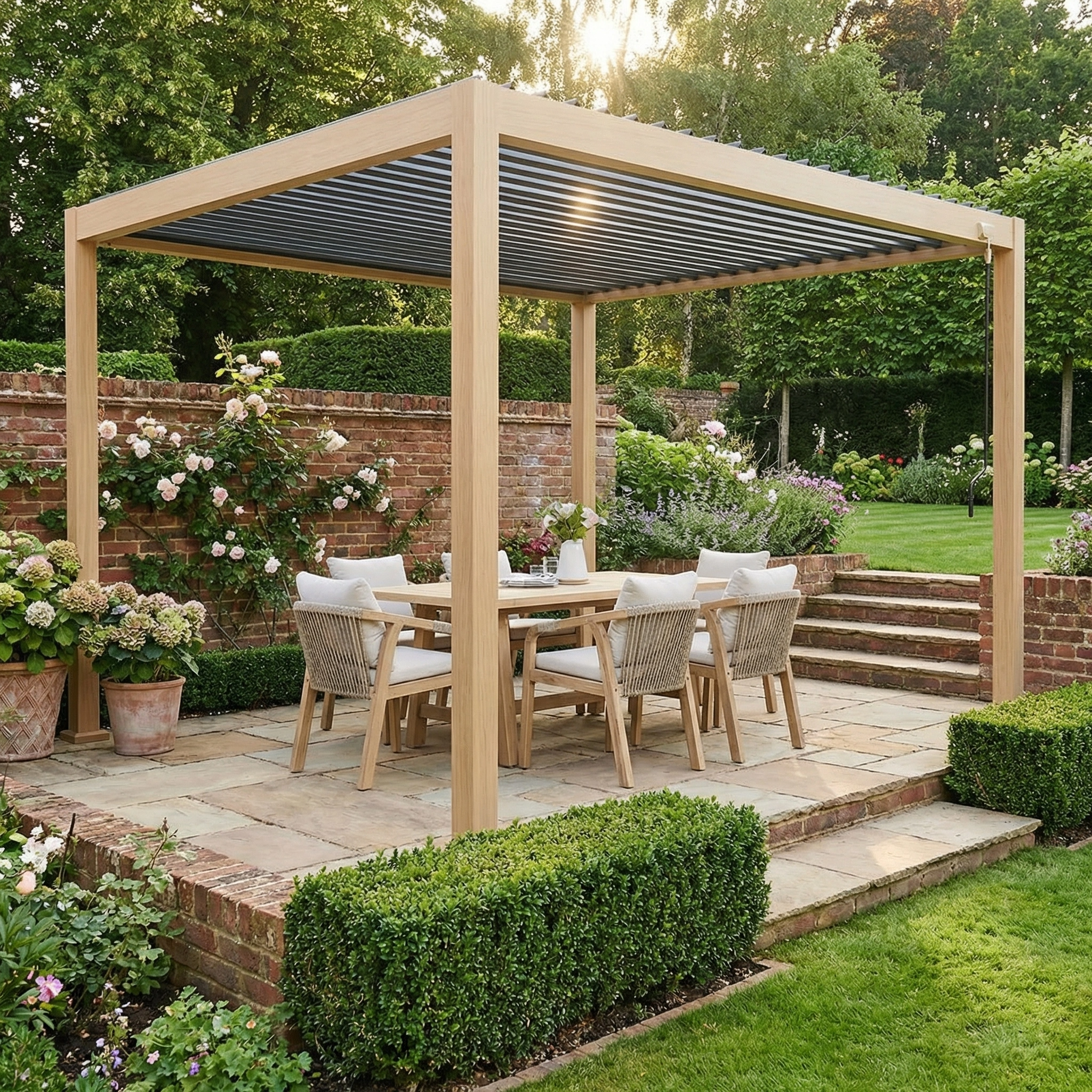 Modern outdoor dining area with the PergoSTET Lite 3m x 4m Metal Rectangular Pergola with Wood Effect, plus a stylish table and chairs on a stone patio, all surrounded by lush greenery.