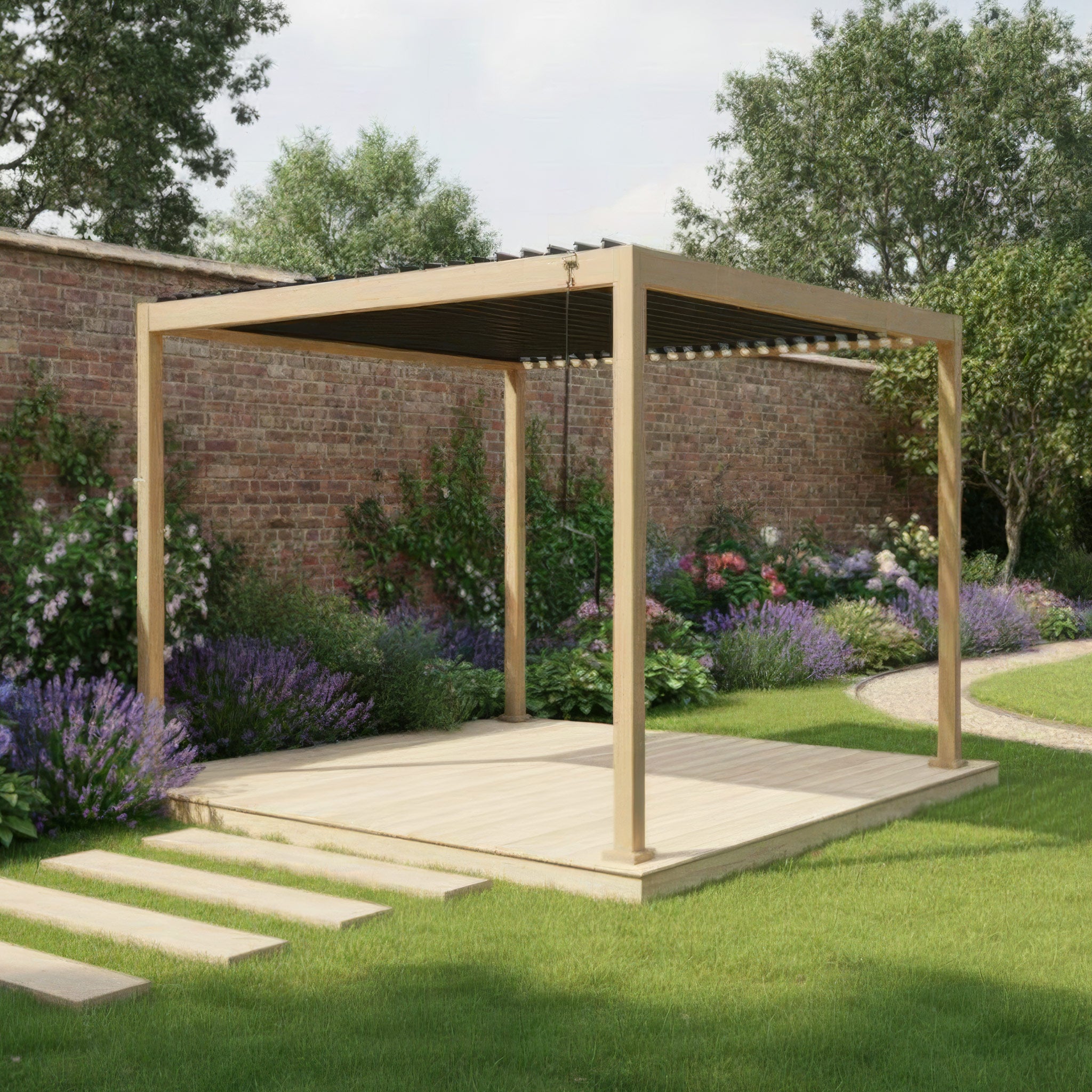 The PergoSTET Lite Neo 3m x 3m Metal Square Pergola in Wood Effect adds style to this decked garden retreat, with tilting steel louvres, bright flowering plants, and a classic brick wall enclosure.