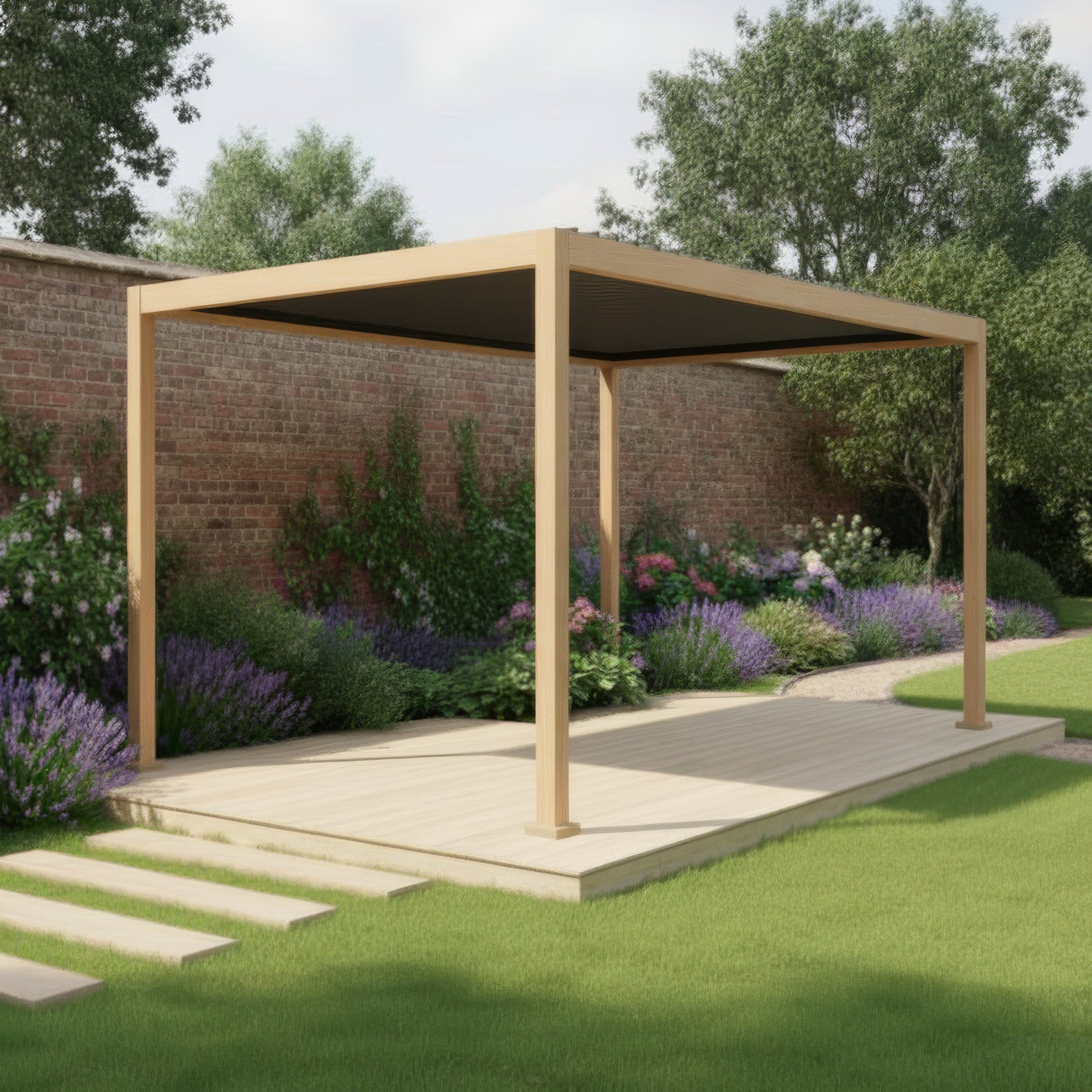 The PergoSTET Lite Neo 3m x 4m Metal Rectangular Pergola with Wood Effect stands on a garden deck, surrounded by flowers, greenery, and a brick wall in the background.