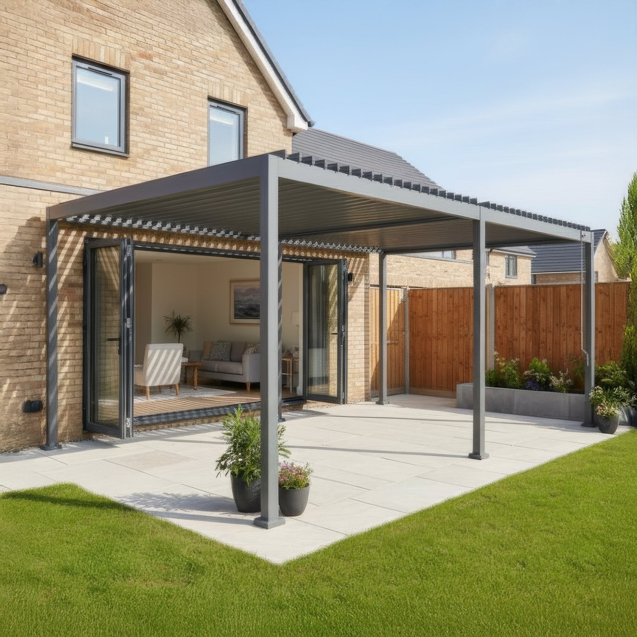 The PergoSTET Lite Neo 3m x 6m Grey Metal Pergola with louvred roof stands on a patio outside a house, complemented by sliding glass doors and potted plants in the sunlight.