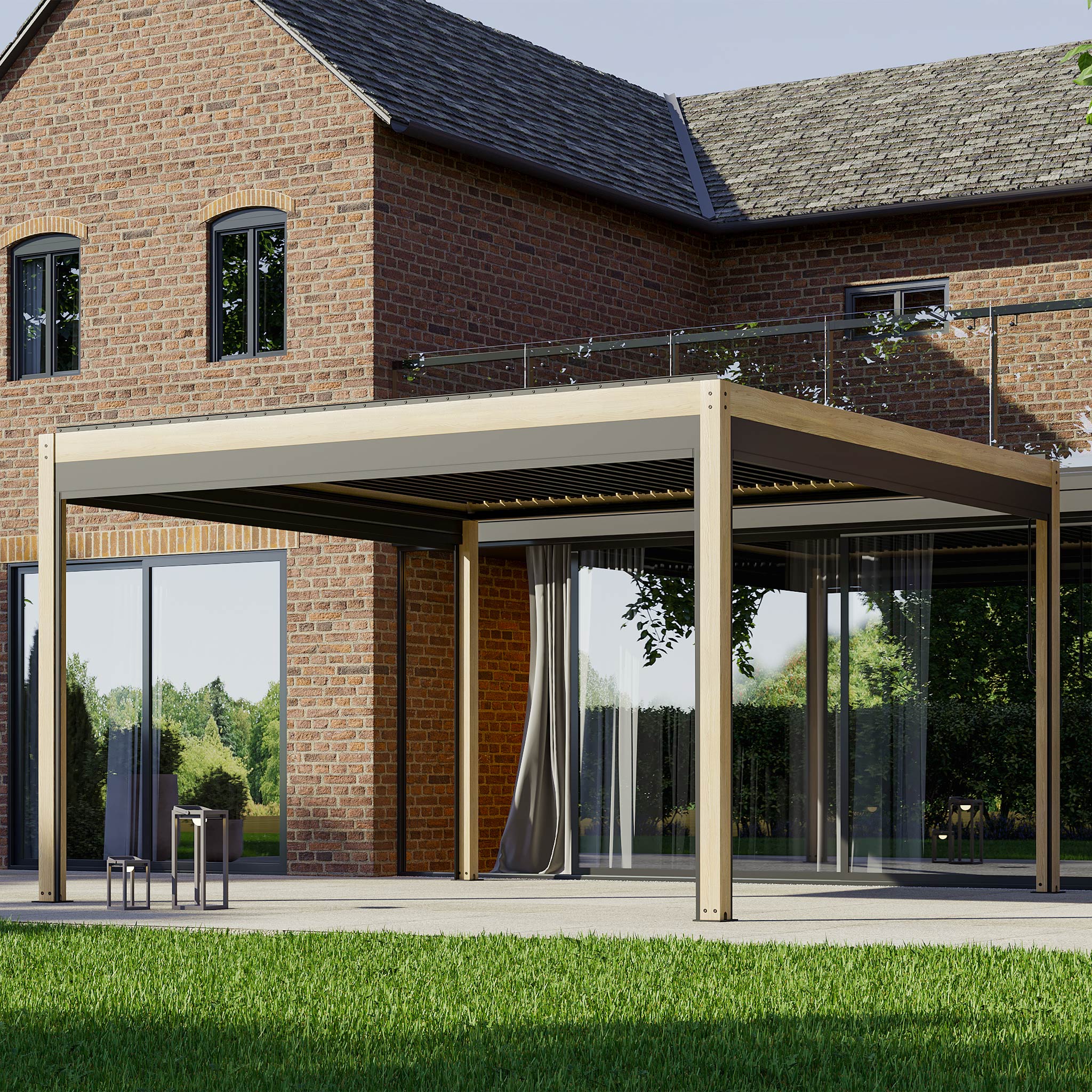 The PergoSTET Plus 4m x 4m Square Pergola, featuring LED lighting and a wood effect frame, is seamlessly attached to a brick house, providing the perfect vantage point over a lush green lawn.