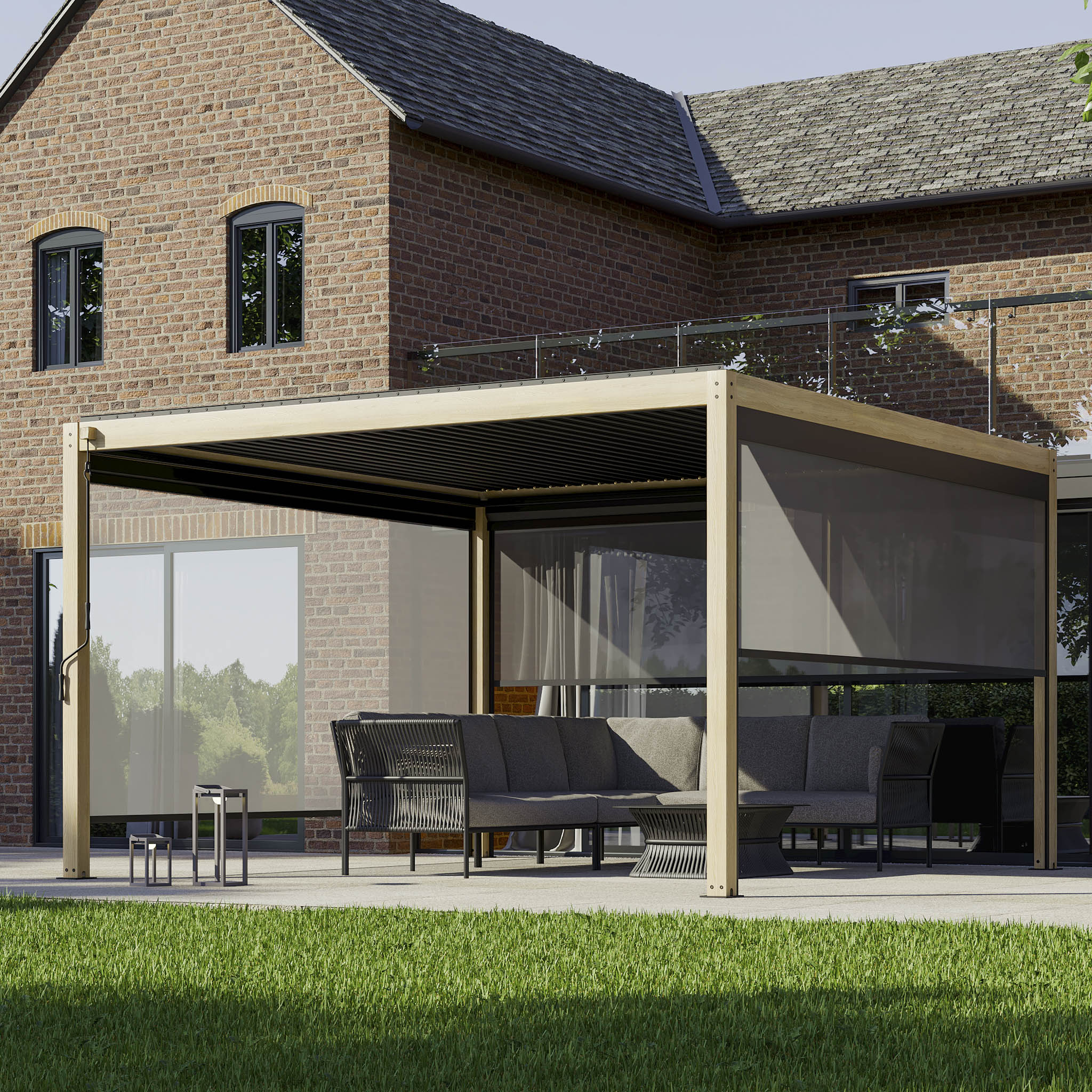 A modern patio showcases the PergoSTET Plus 4m x 4m Square Pergola with LED lighting and wood effect, blending elegantly with comfortable outdoor furniture and the charm of a brick house amidst a lush grassy yard.
