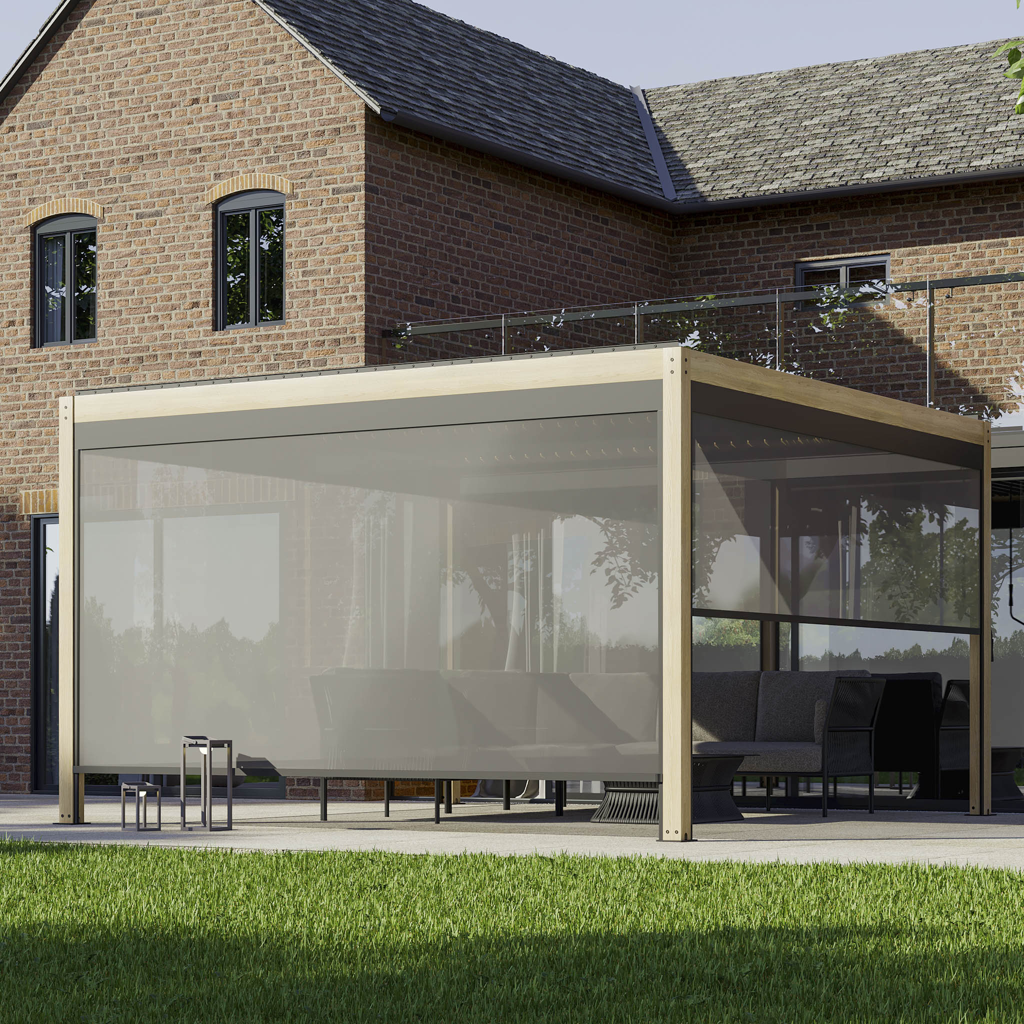 The PergoSTET Plus 4m x 4m Square Pergola with LED Lighting and a wood effect frame enhances the brick house on a sunny day, creating an inviting outdoor patio.