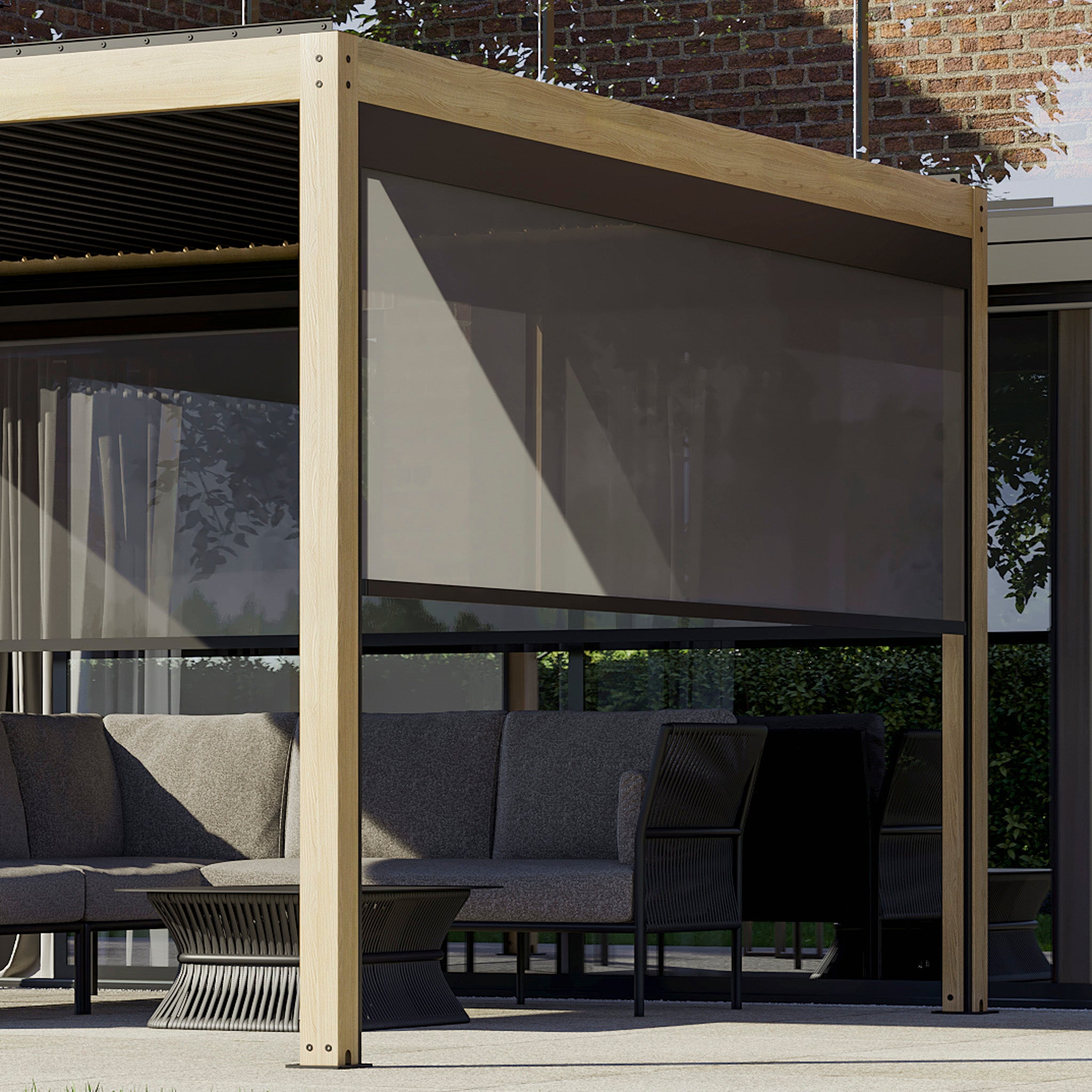 PergoSTET 4m x 4m Square Pergola with 3 Drop Sides and LED Lighting with Wood Effect